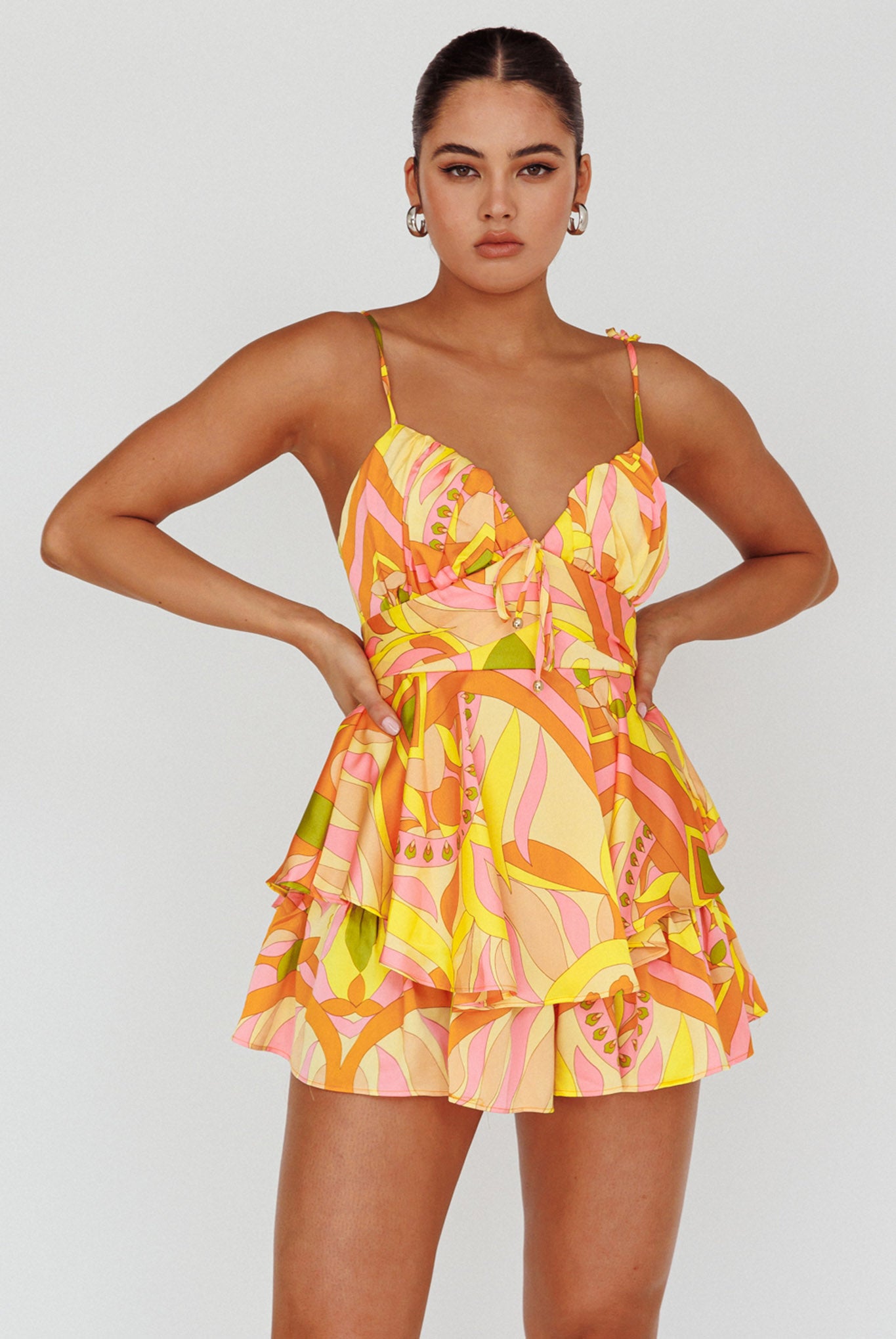 Happy Thoughts Tied Shoulder Romper Yellow Multi-Maymioy