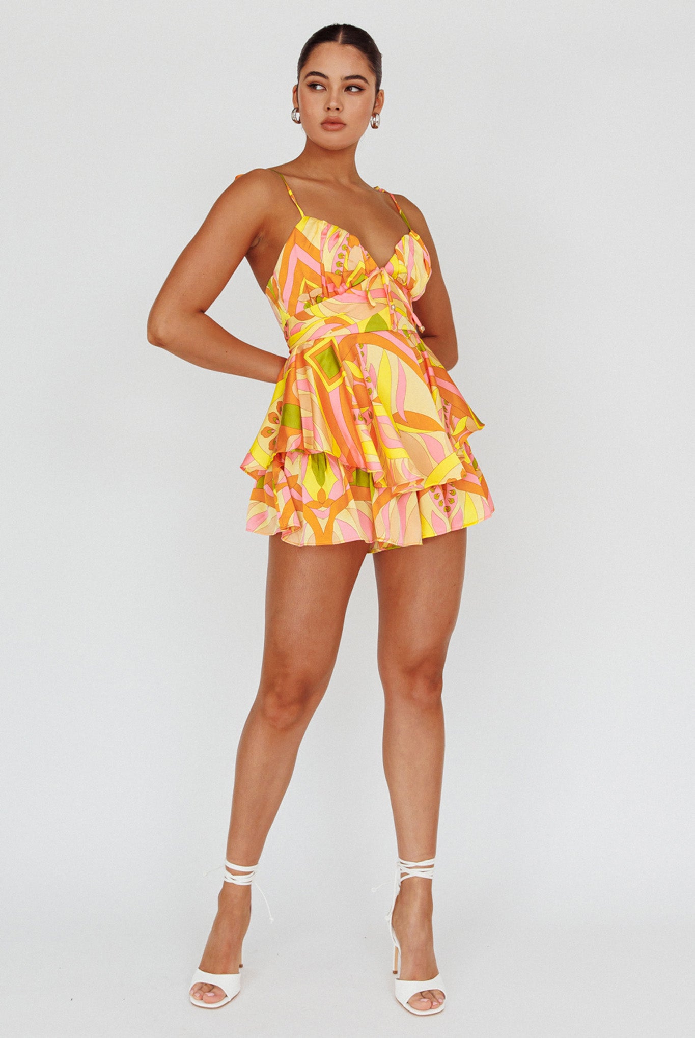 Happy Thoughts Tied Shoulder Romper Yellow Multi-Maymioy