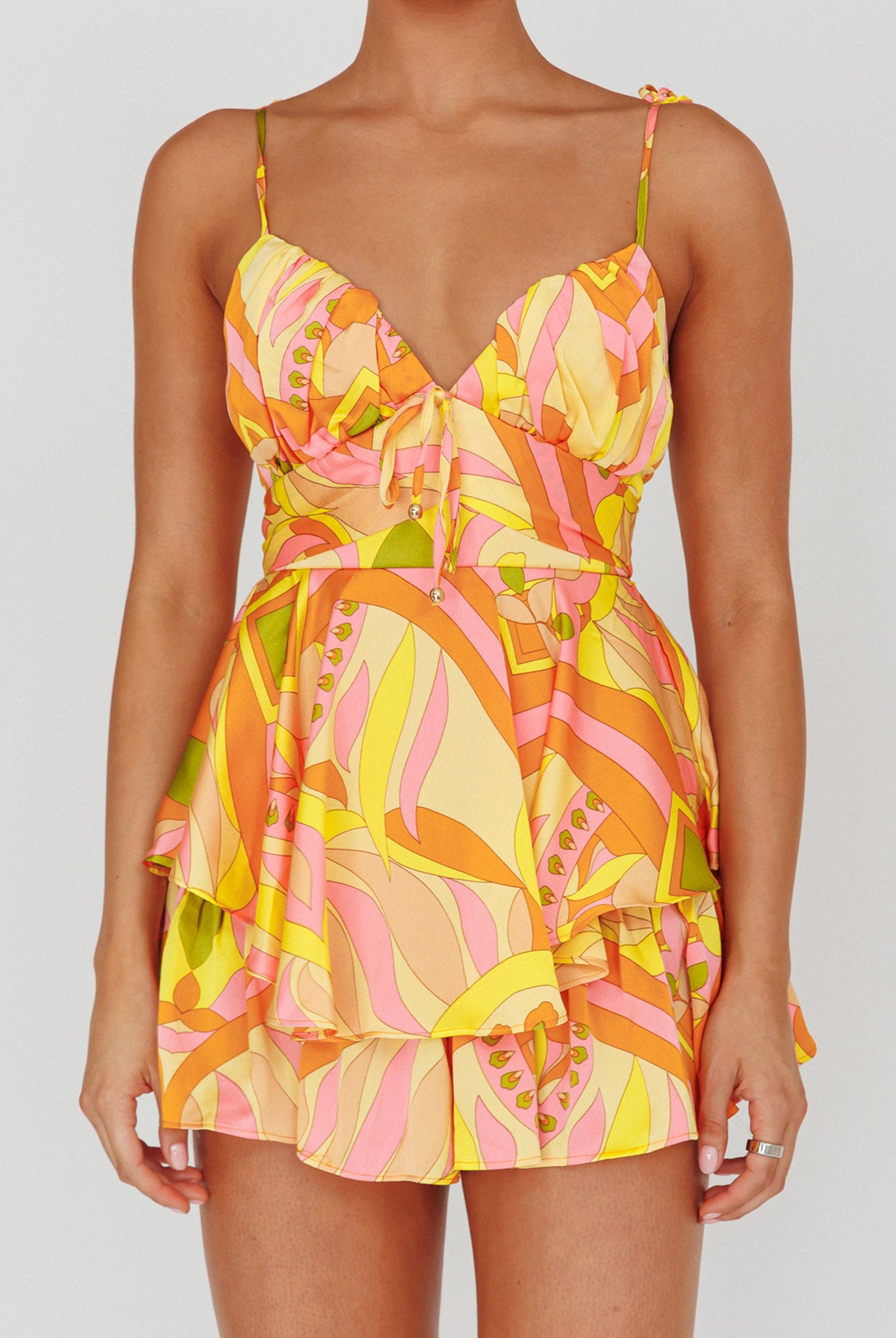 Happy Thoughts Tied Shoulder Romper Yellow Multi-Maymioy