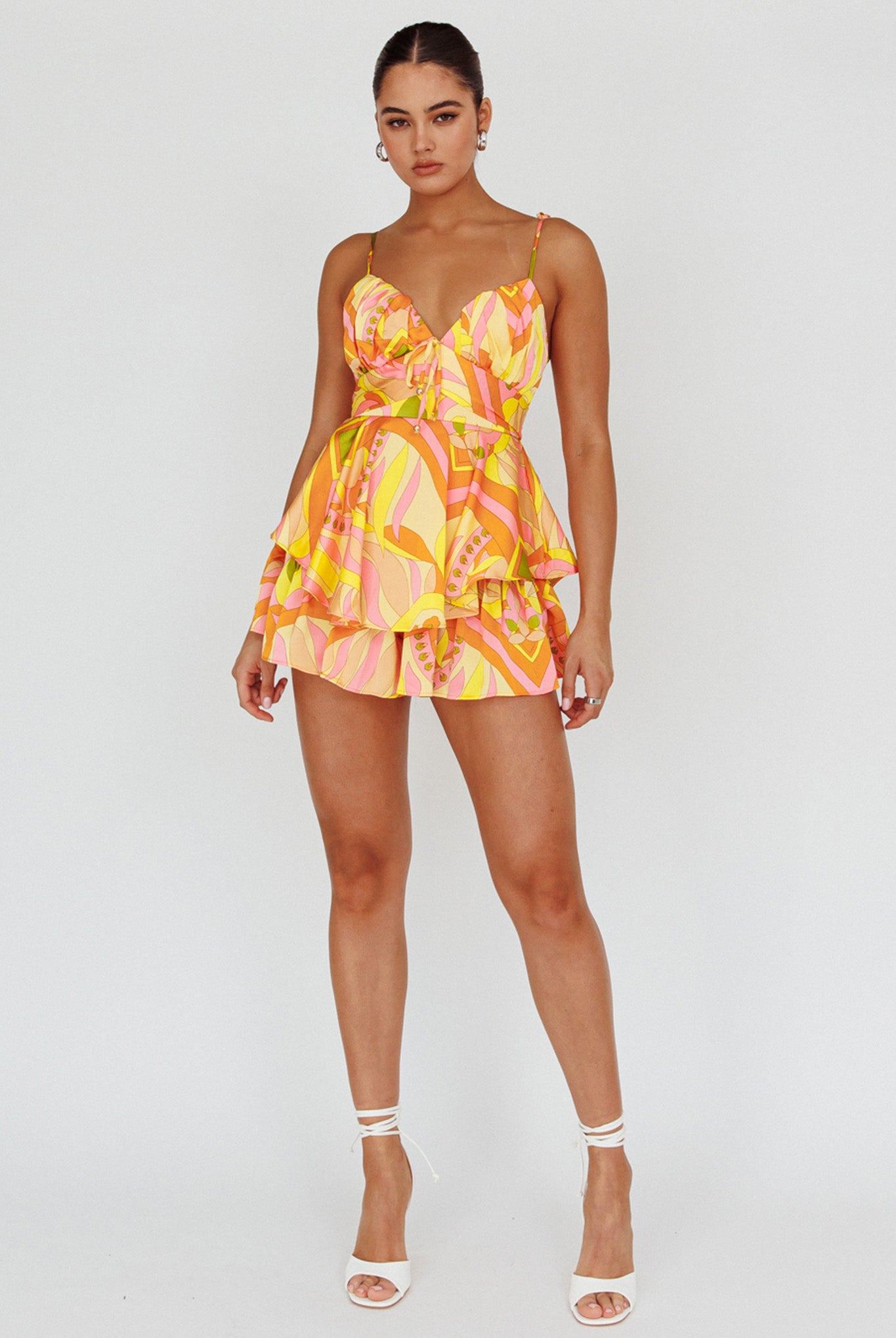 Happy Thoughts Tied Shoulder Romper Yellow Multi-Maymioy