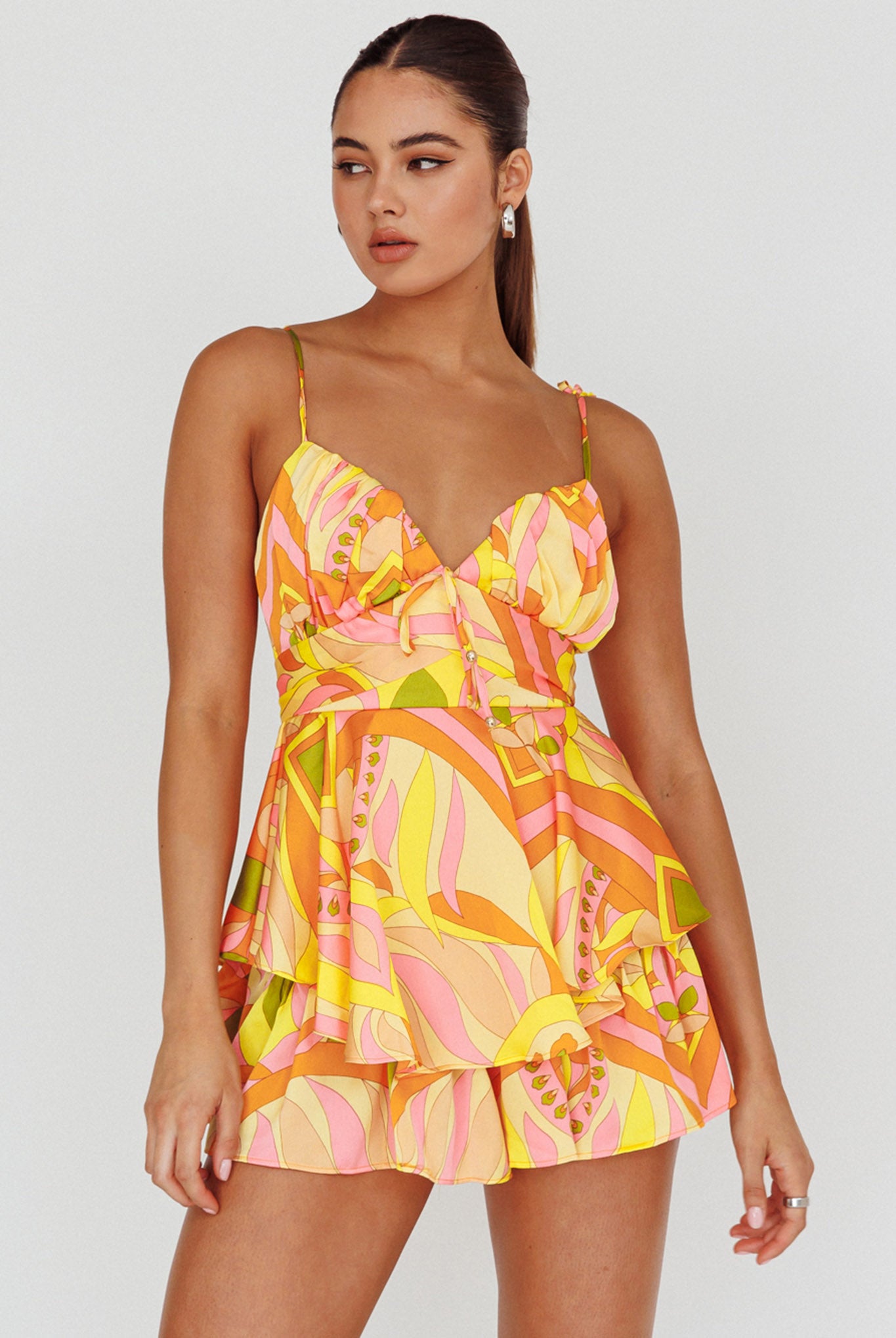 Happy Thoughts Tied Shoulder Romper Yellow Multi-Maymioy