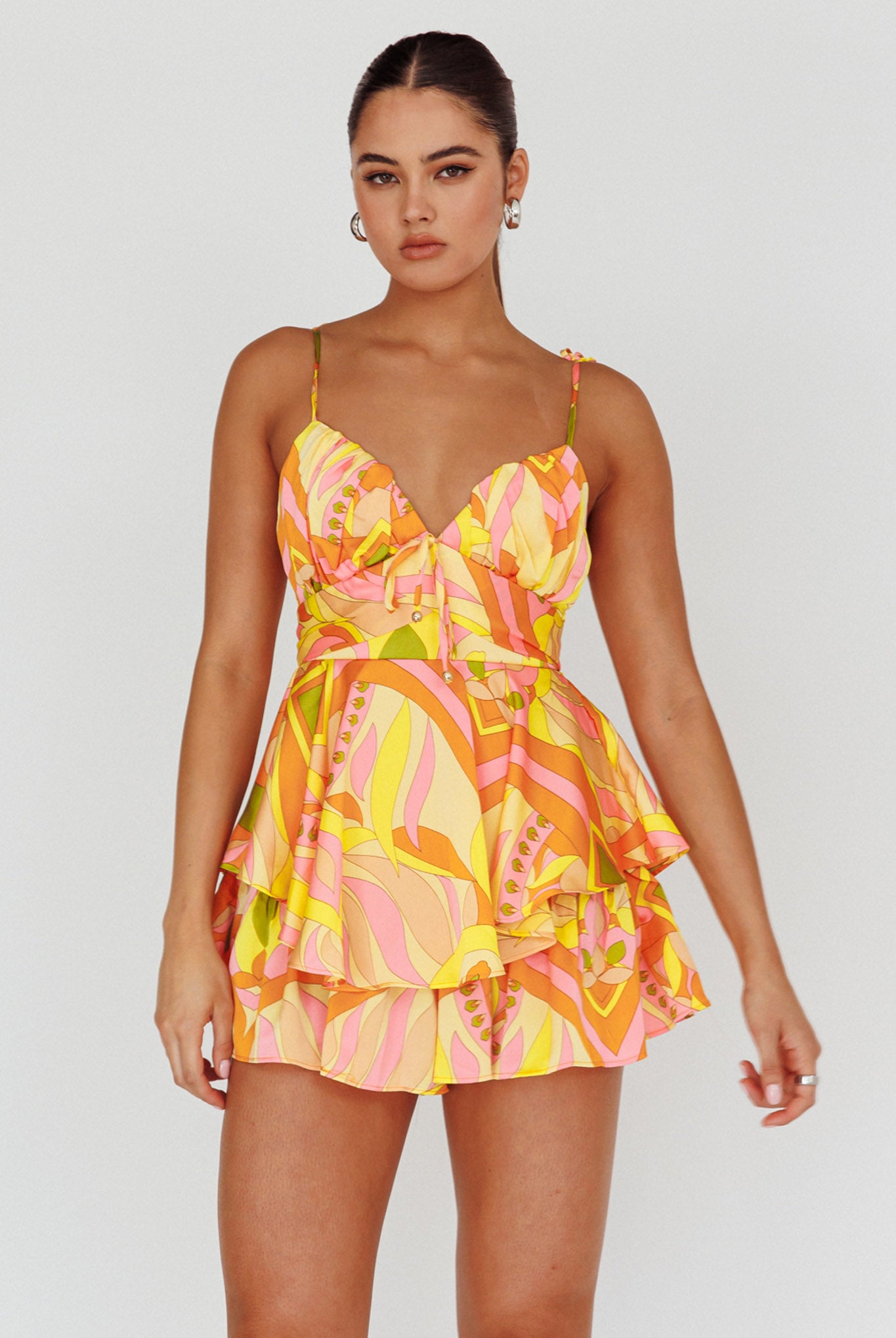 Happy Thoughts Tied Shoulder Romper Yellow Multi-Maymioy