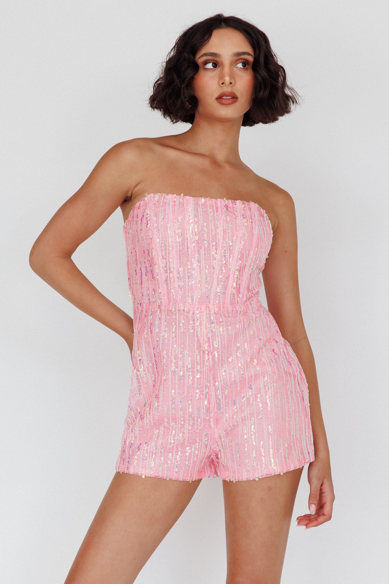 Wild Dreams Strapless Sequin Romper Pink-Maymioy