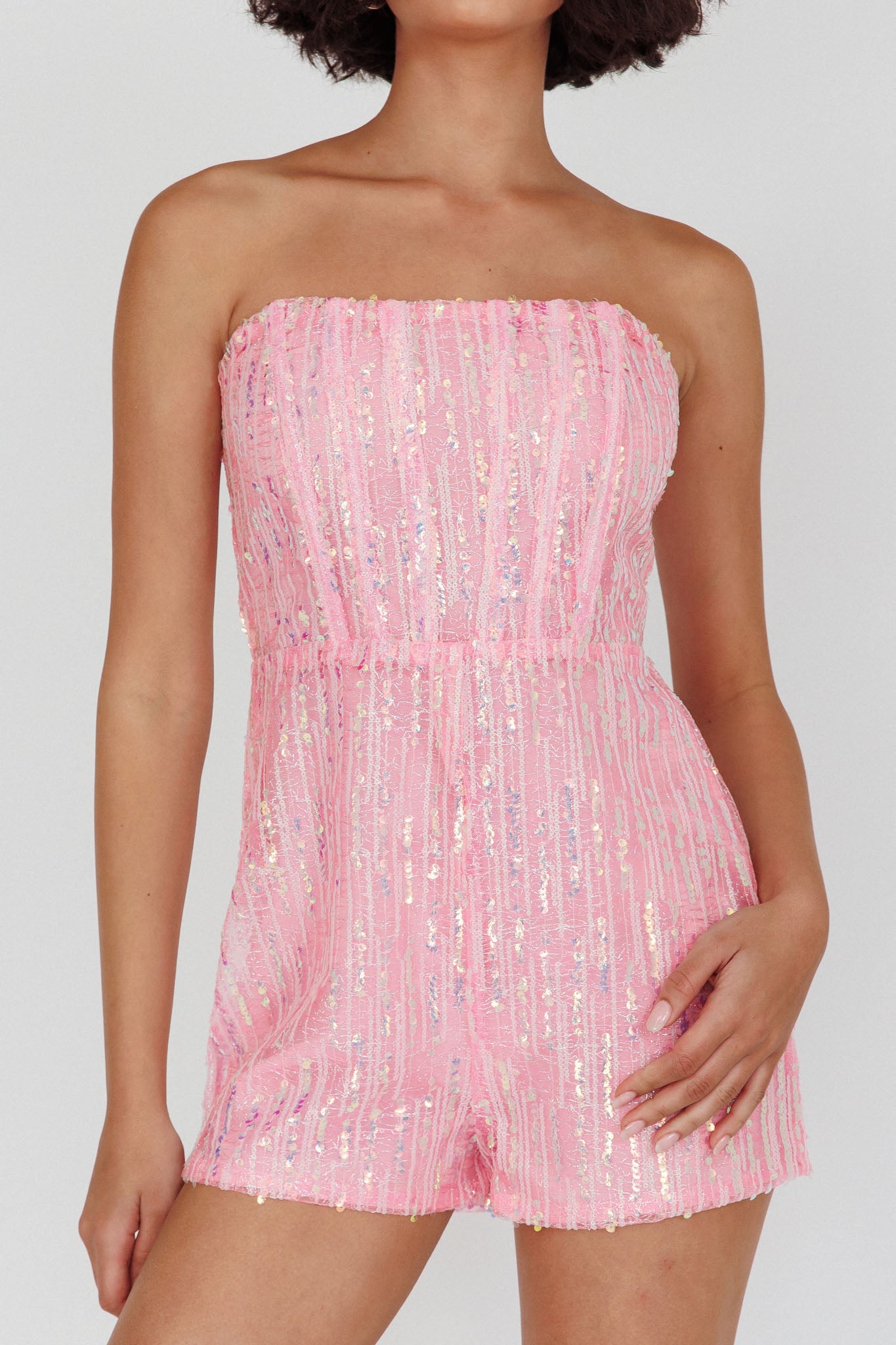 Wild Dreams Strapless Sequin Romper Pink-Maymioy