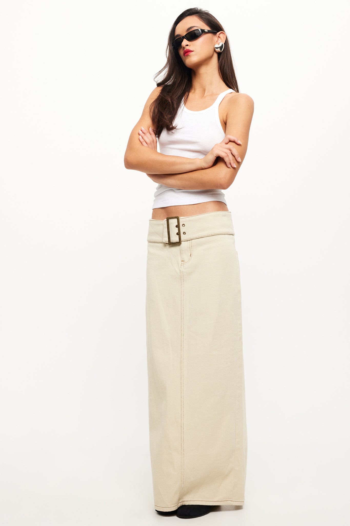 LIONESS Uma Denim Midi Skirt Ecru-Maymioy
