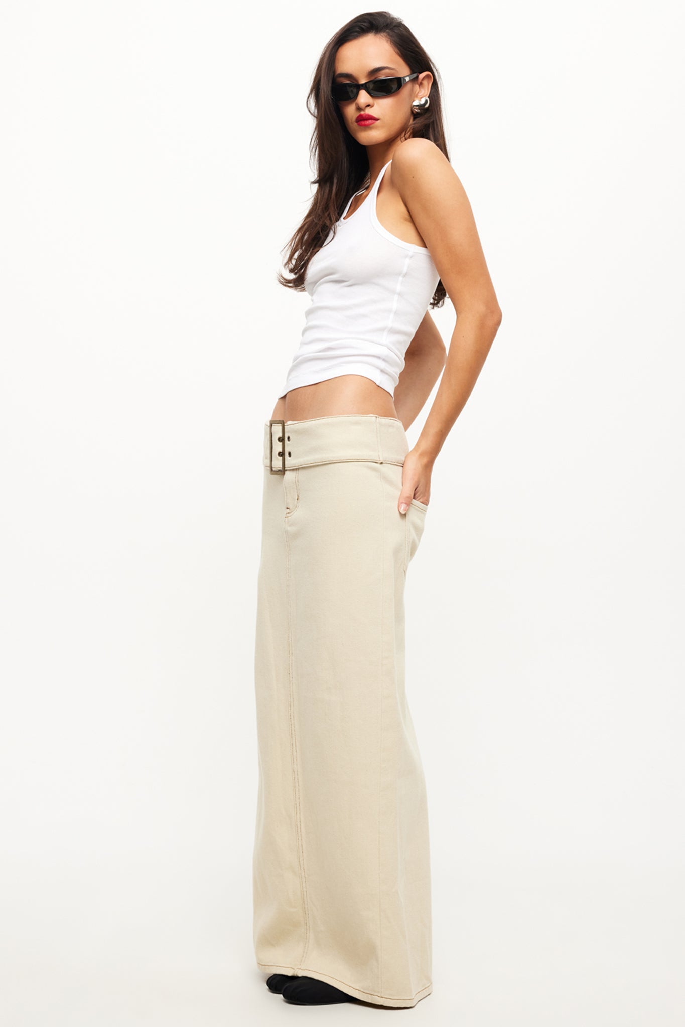 LIONESS Uma Denim Midi Skirt Ecru-Maymioy