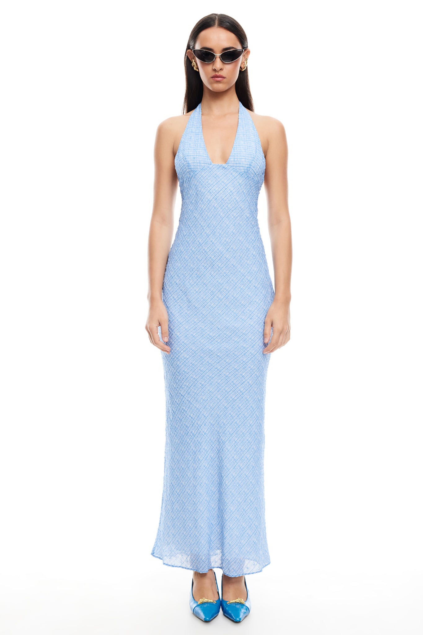 LIONESS Carrie Halter Dress Blue Check-Maymioy
