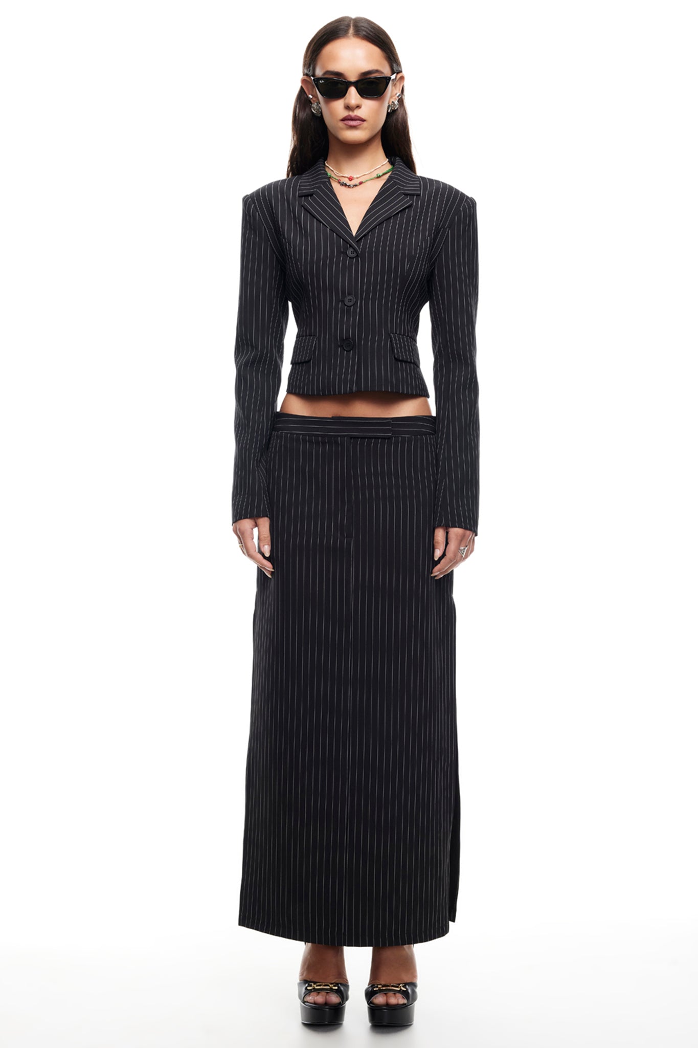 LIONESS Lune Maxi Skirt Onyx Pinstripe-Maymioy