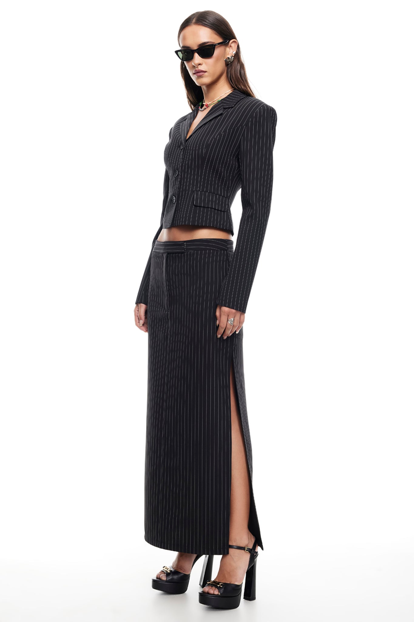 LIONESS Lune Maxi Skirt Onyx Pinstripe-Maymioy