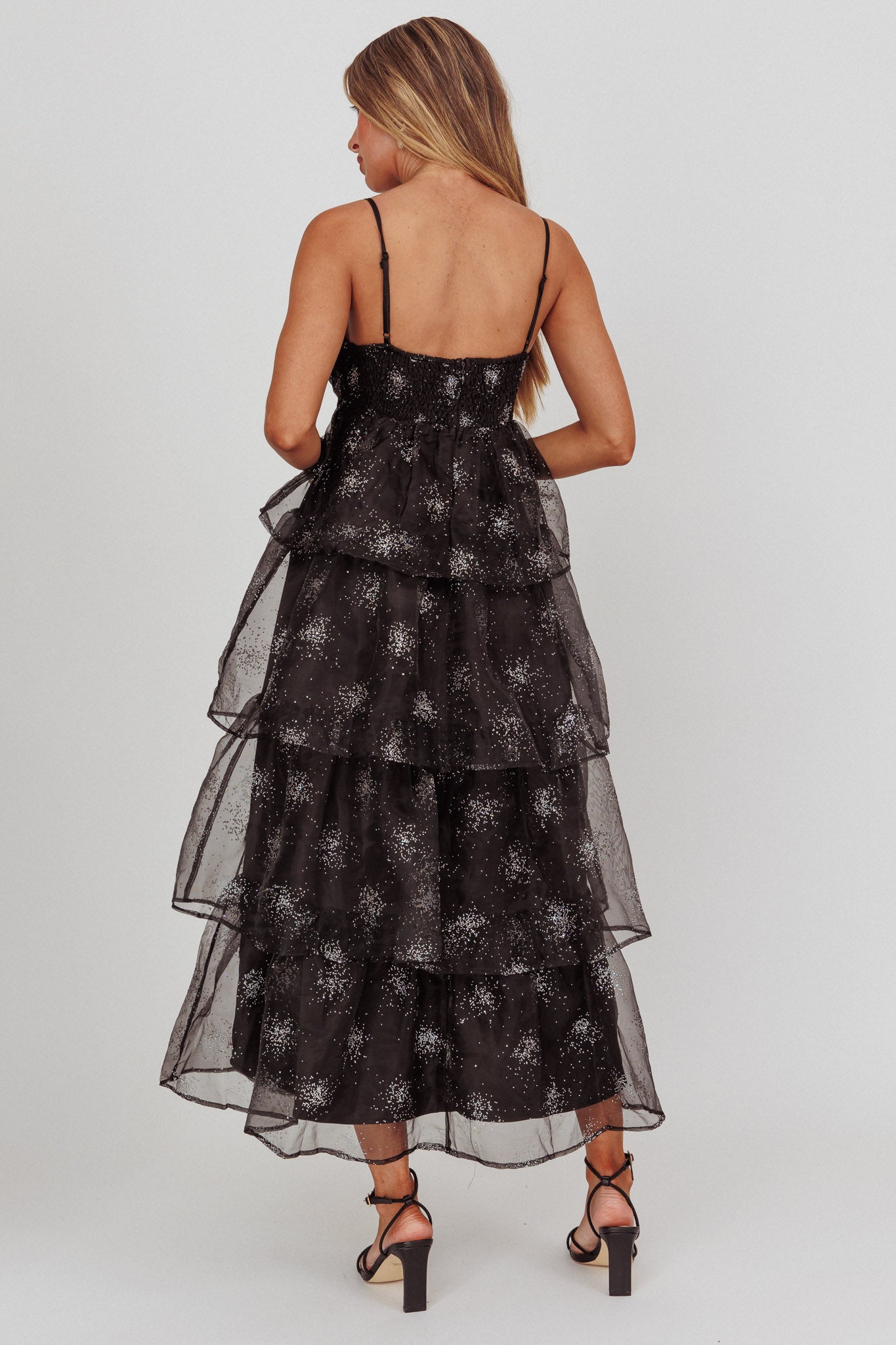 Morina Tiered Maxi Dress Glitter Black-Maymioy