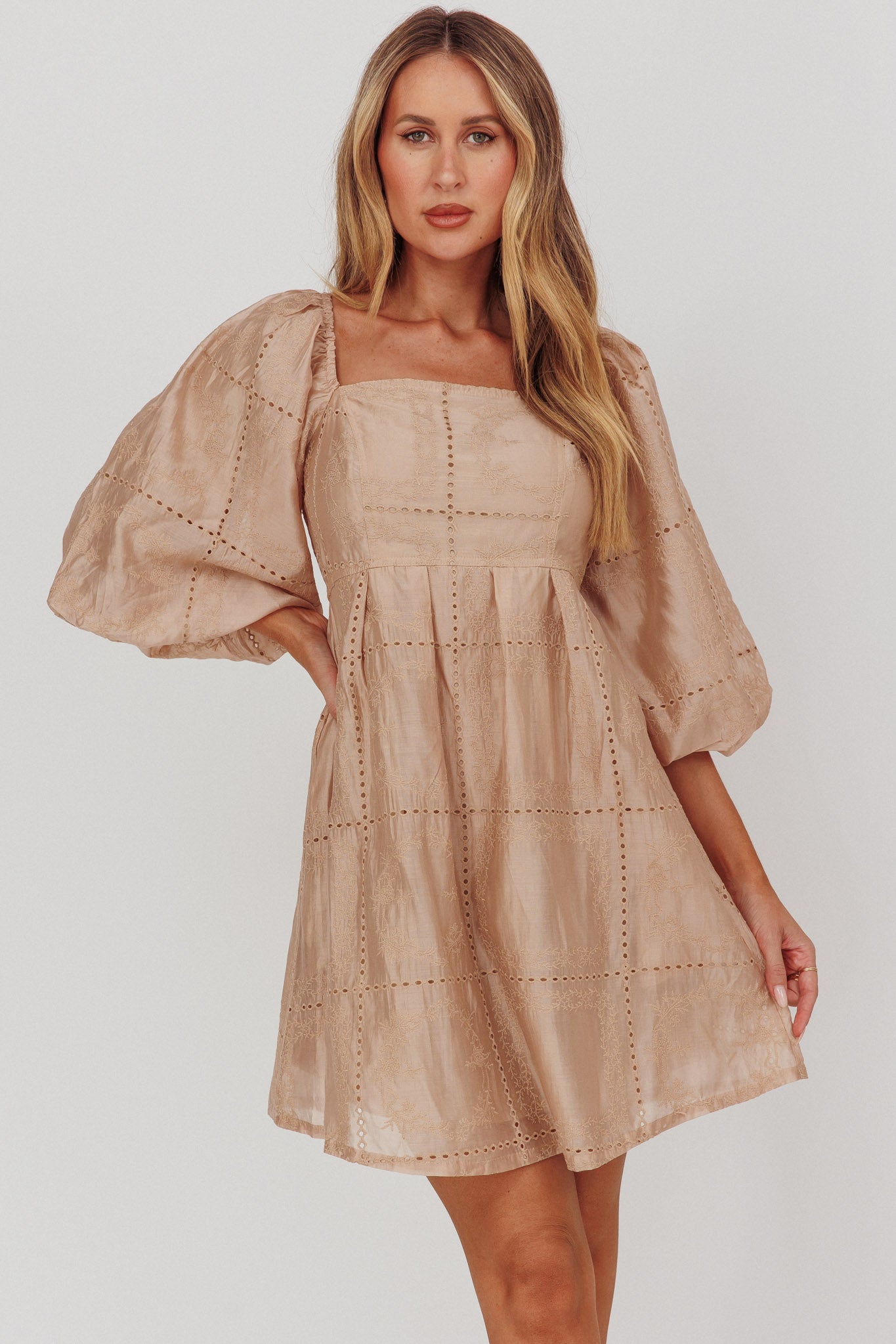 Summerlin Puff Sleeve Eyelet Mini Dress Beige-Maymioy