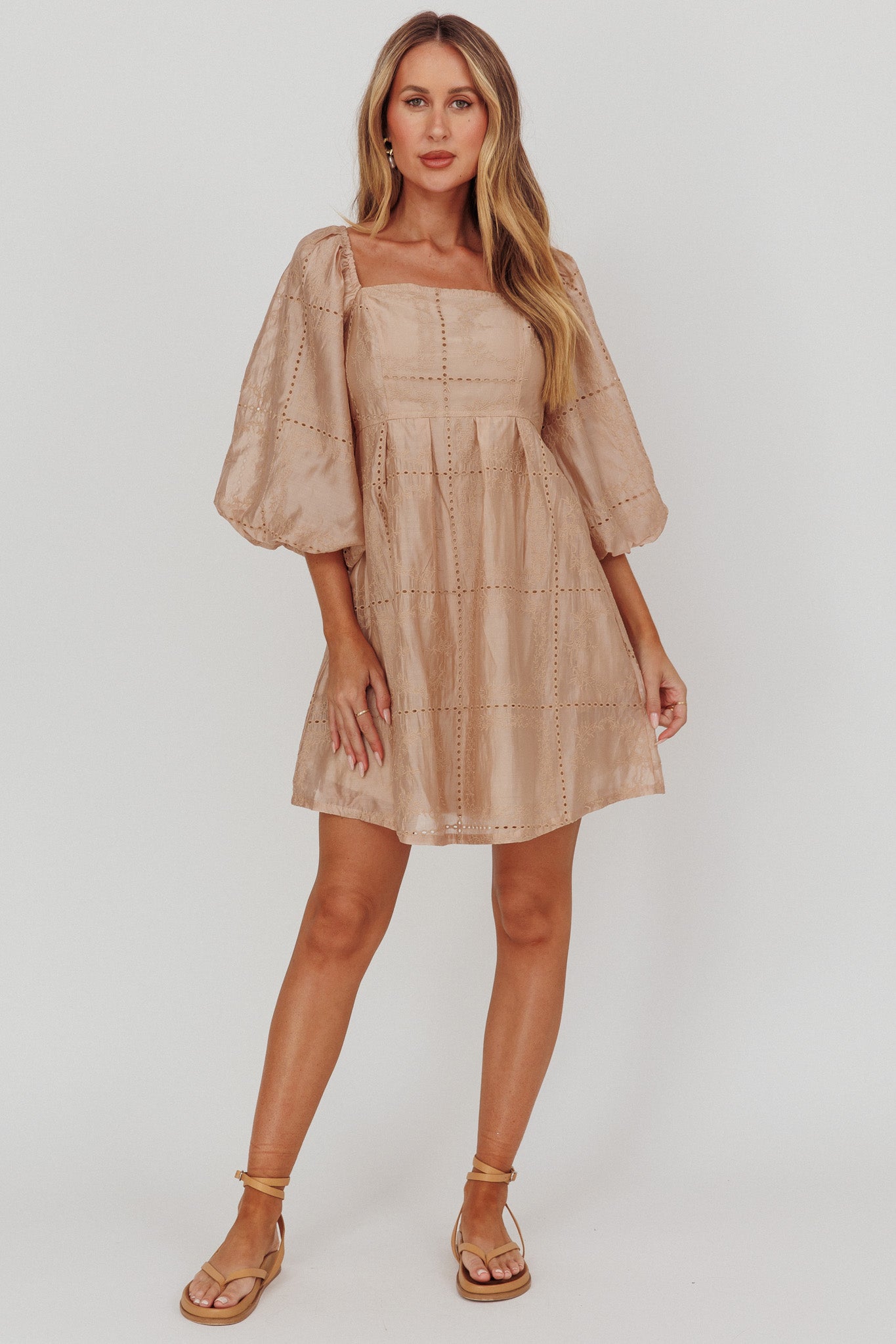 Summerlin Puff Sleeve Eyelet Mini Dress Beige-Maymioy