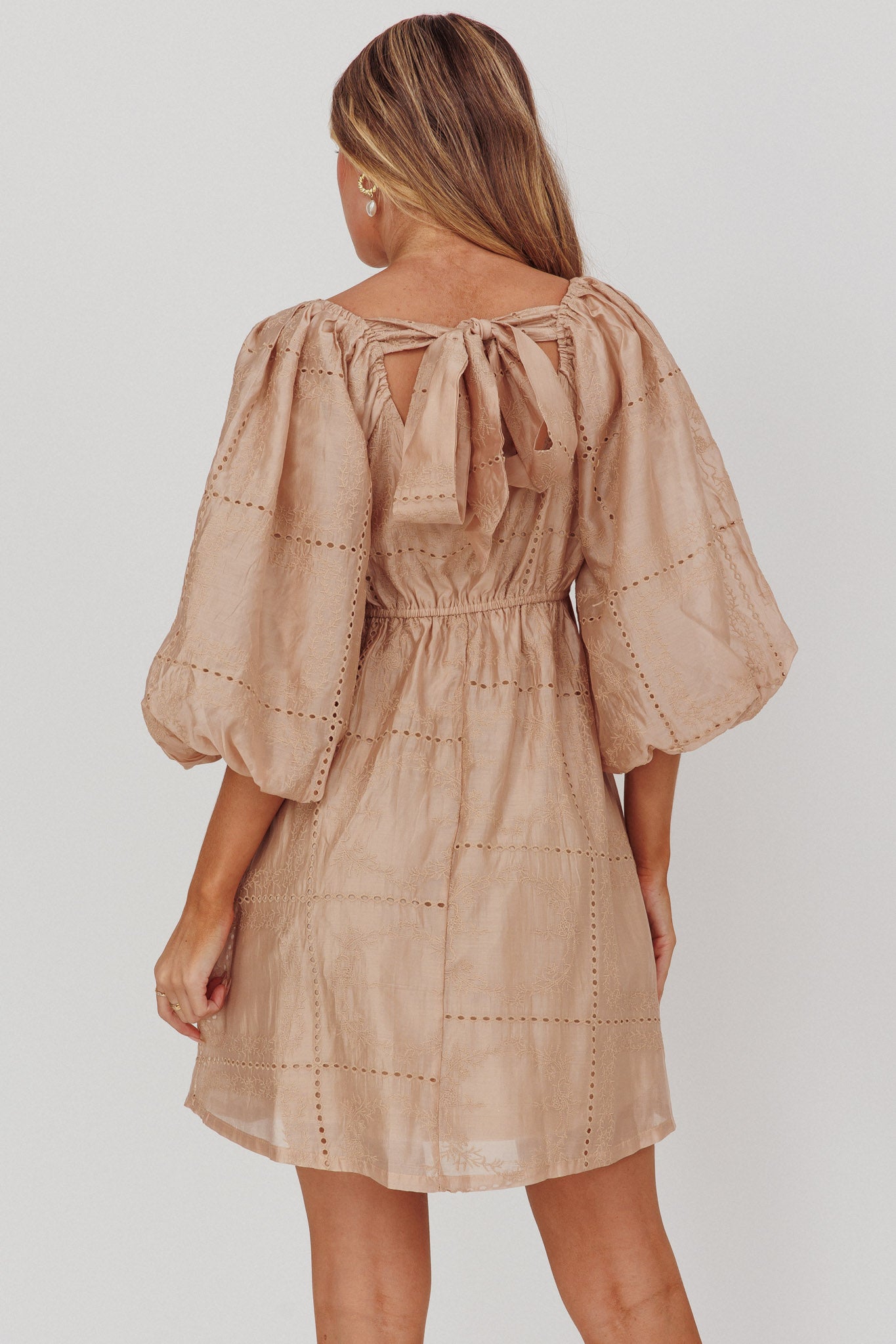 Summerlin Puff Sleeve Eyelet Mini Dress Beige-Maymioy