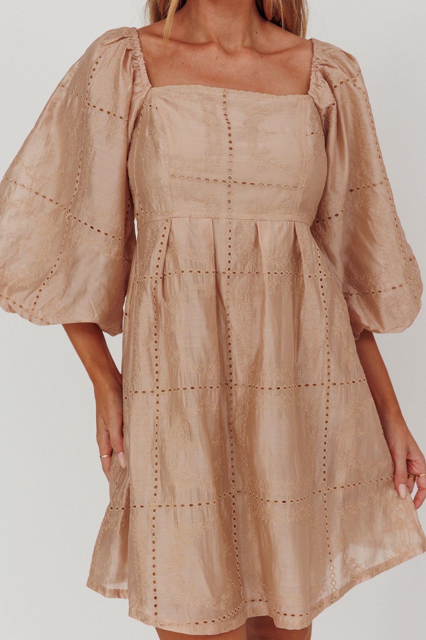 Summerlin Puff Sleeve Eyelet Mini Dress Beige-Maymioy