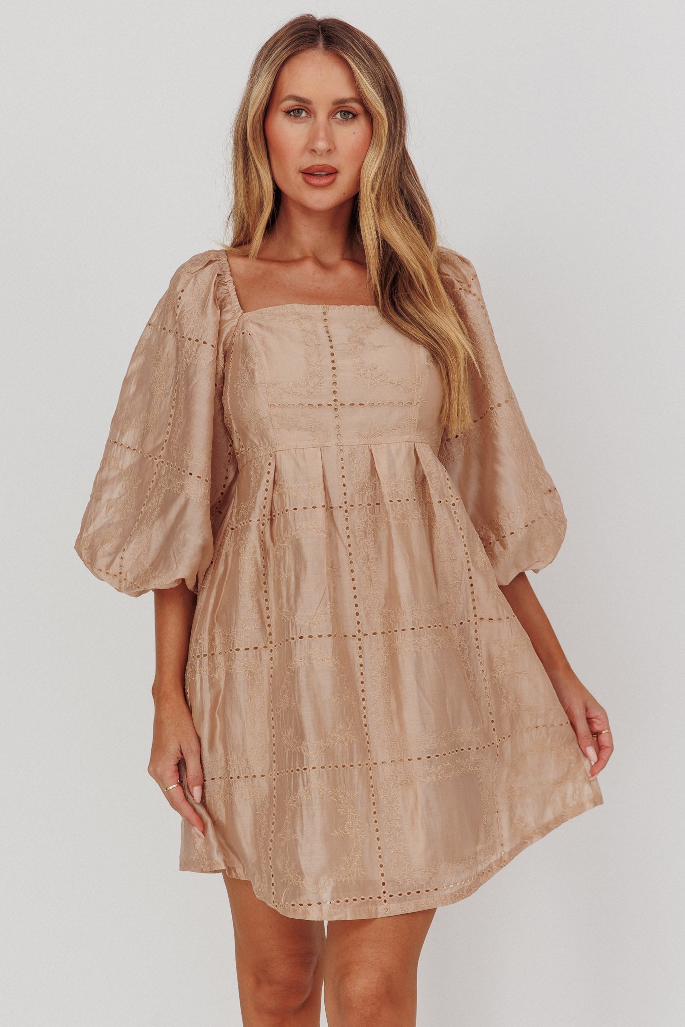 Summerlin Puff Sleeve Eyelet Mini Dress Beige-Maymioy