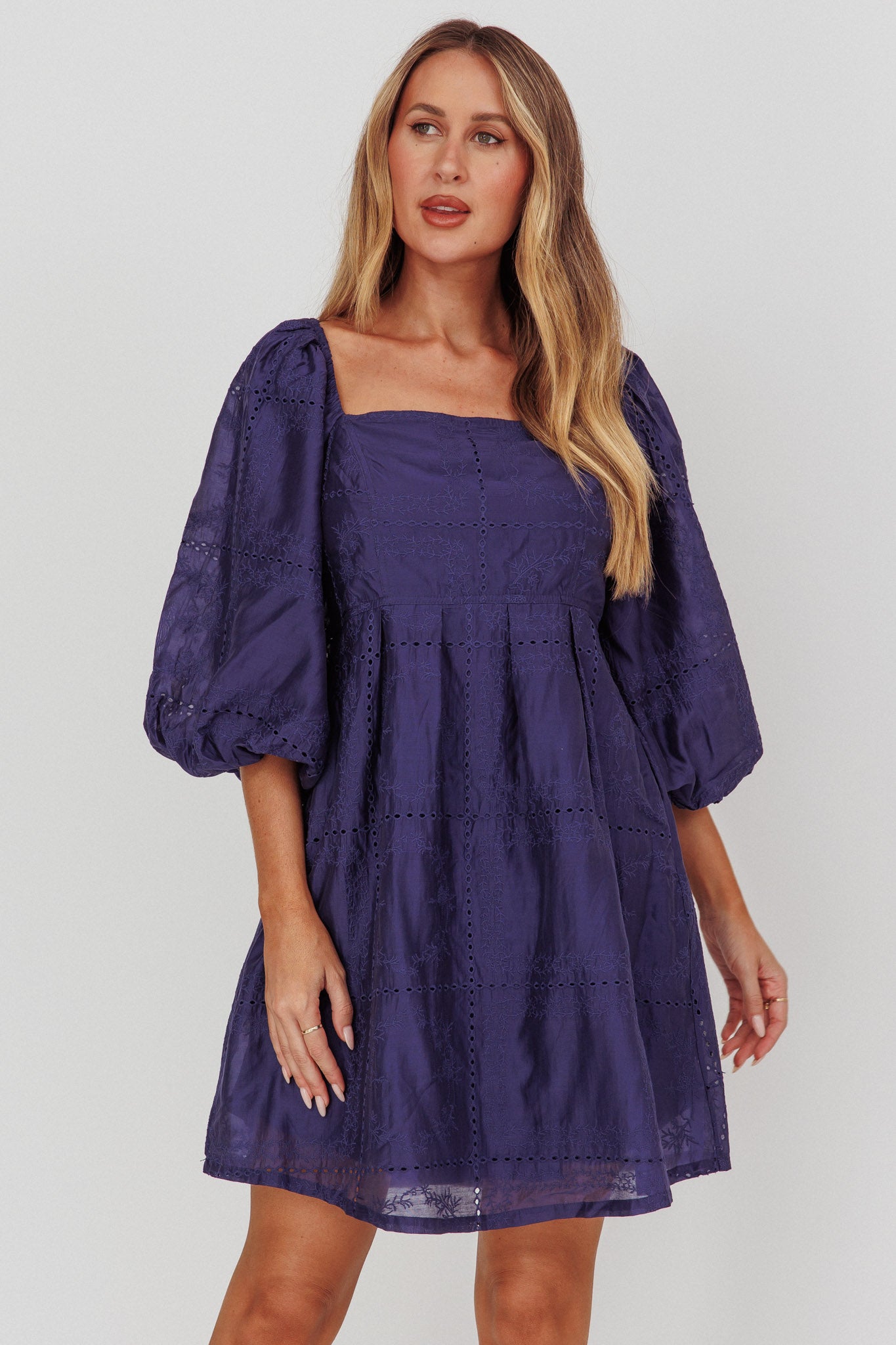 Summerlin Puff Sleeve Eyelet Mini Dress Navy-Maymioy