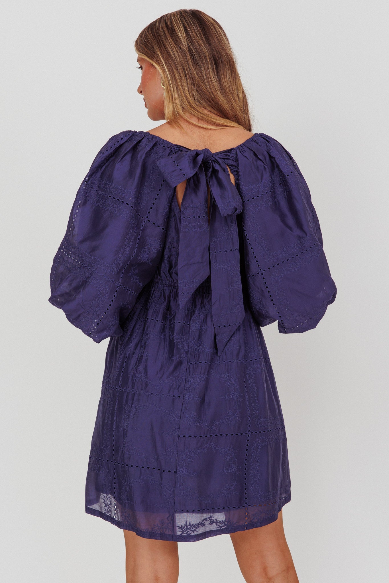 Summerlin Puff Sleeve Eyelet Mini Dress Navy-Maymioy