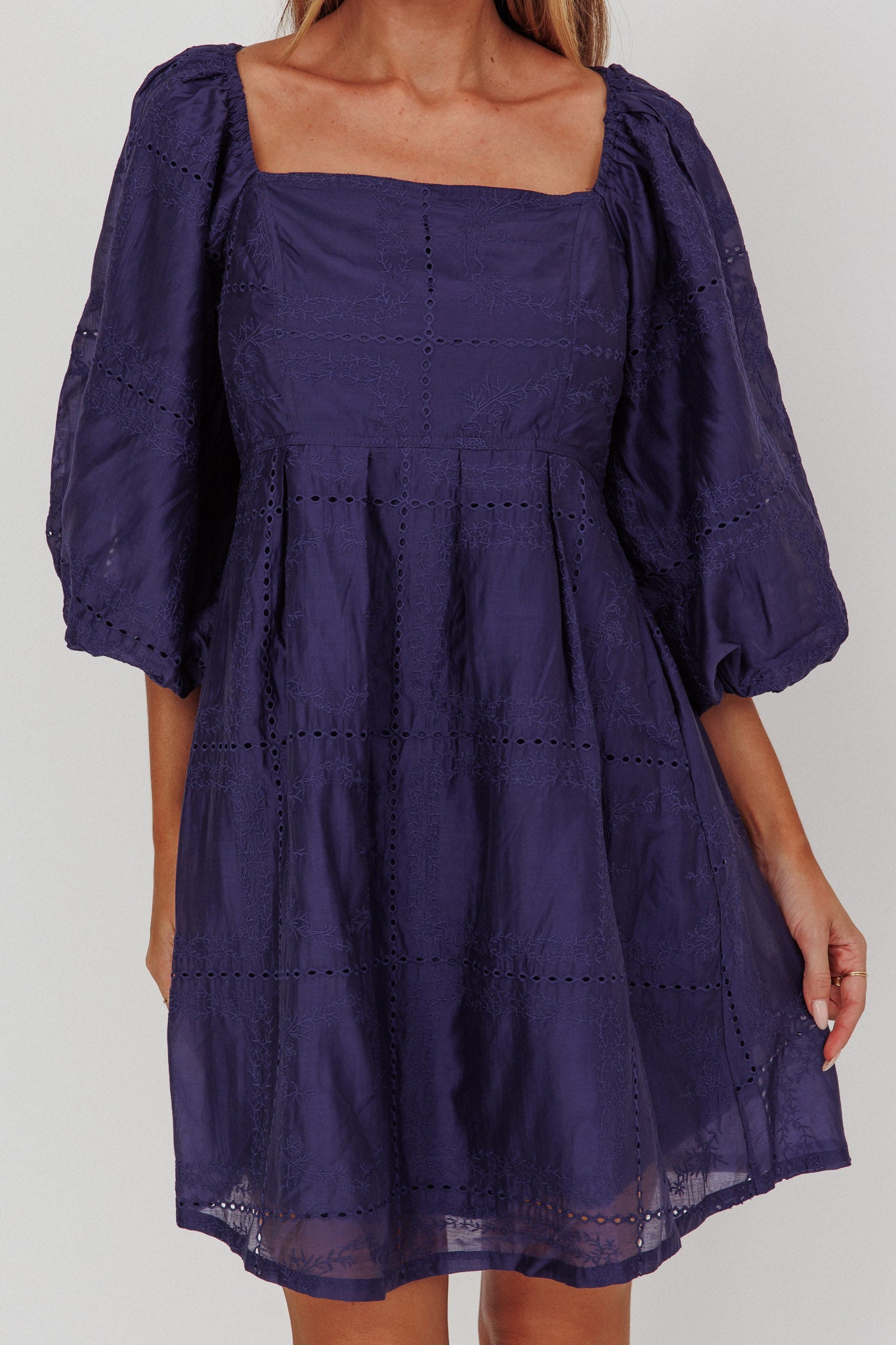 Summerlin Puff Sleeve Eyelet Mini Dress Navy-Maymioy