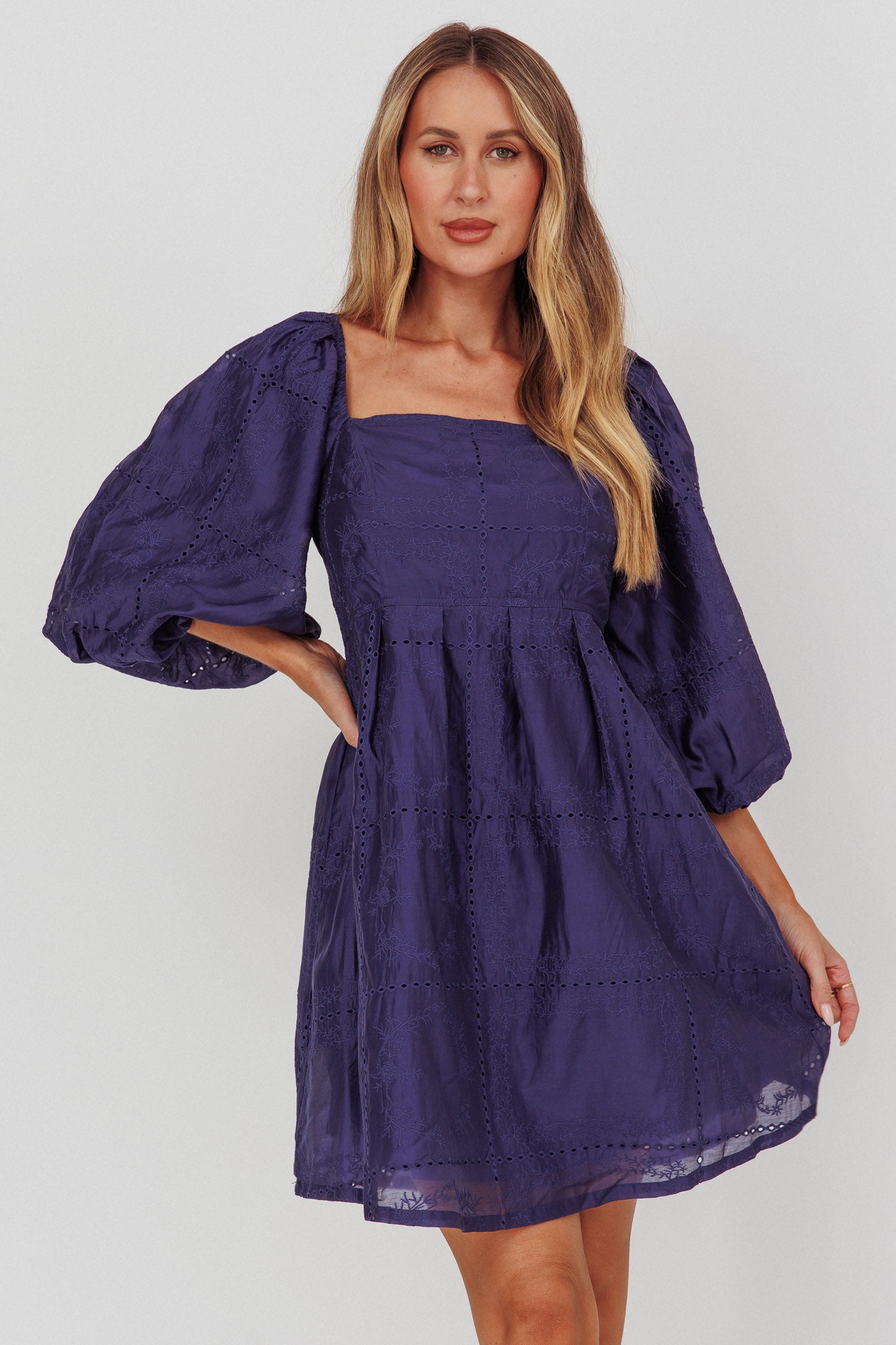 Summerlin Puff Sleeve Eyelet Mini Dress Navy-Maymioy