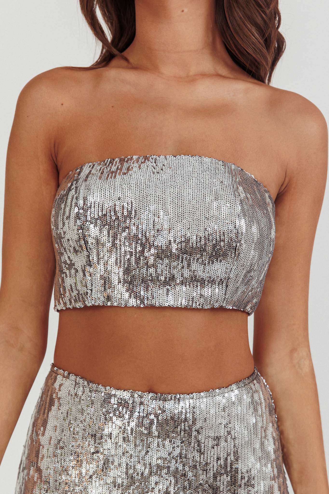 Star Girls Strapless Sequin Top Silver-Maymioy
