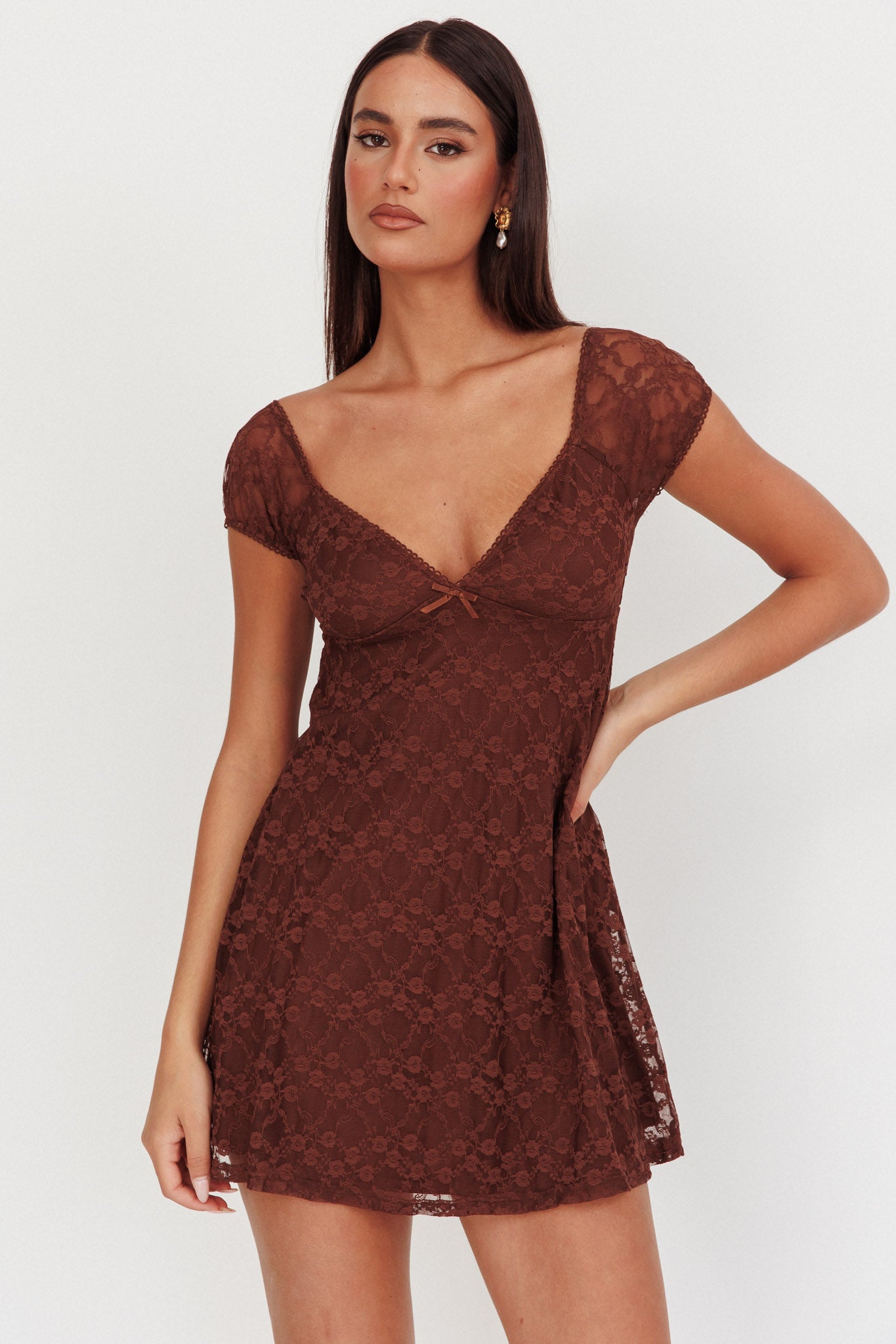 Shadows Lace Overlay Mini Dress Brown-Maymioy