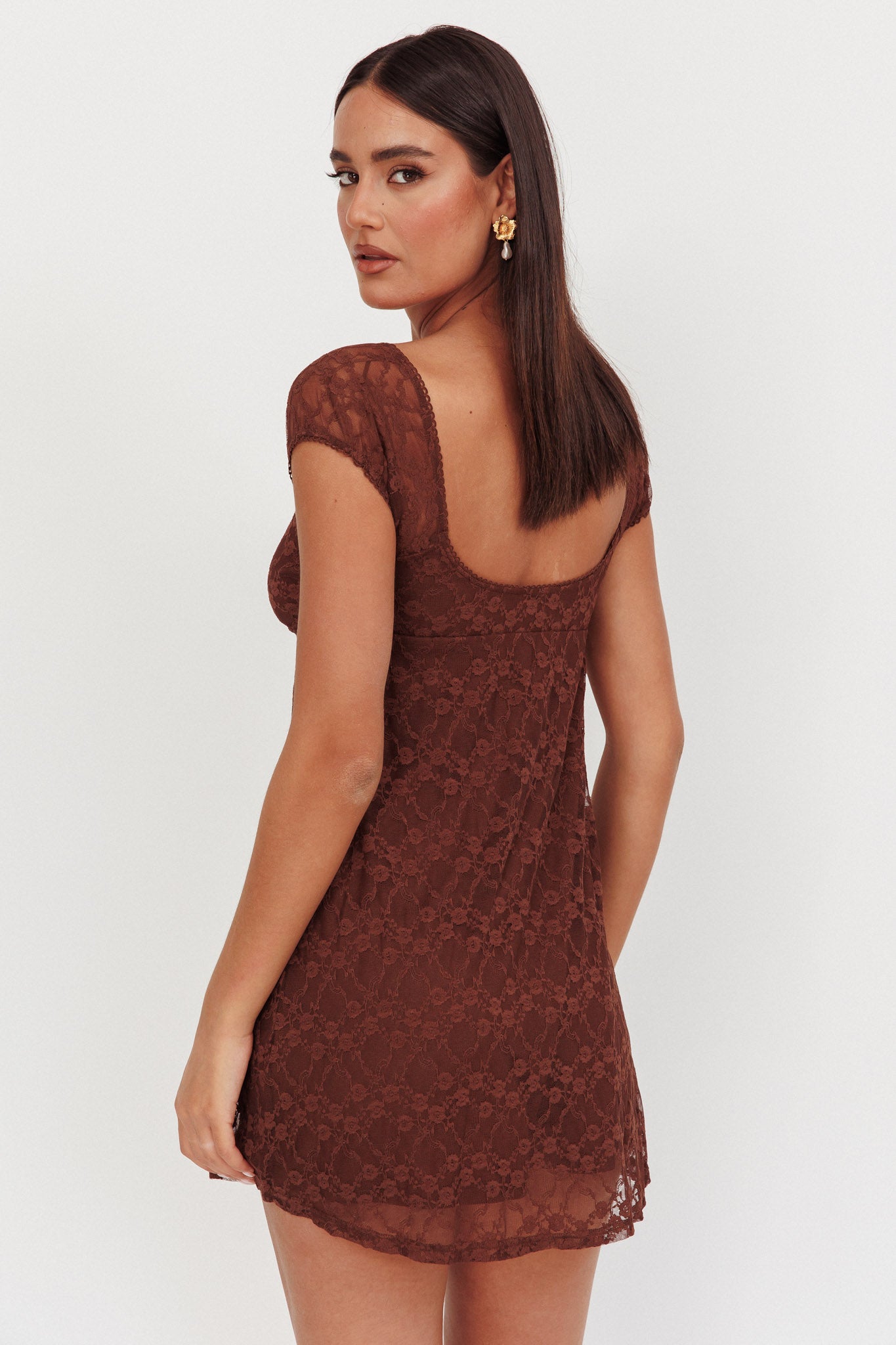 Shadows Lace Overlay Mini Dress Brown-Maymioy