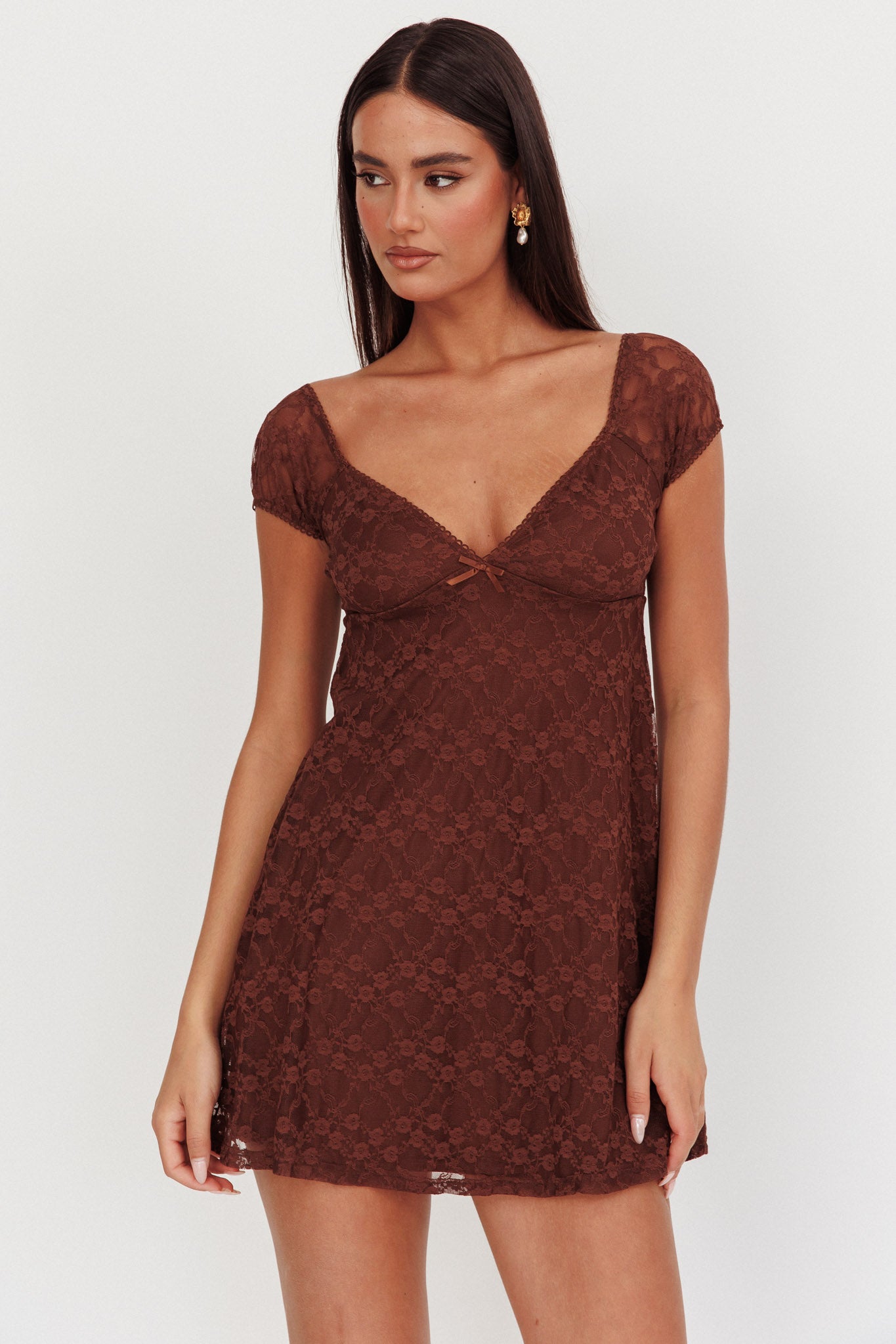 Shadows Lace Overlay Mini Dress Brown-Maymioy