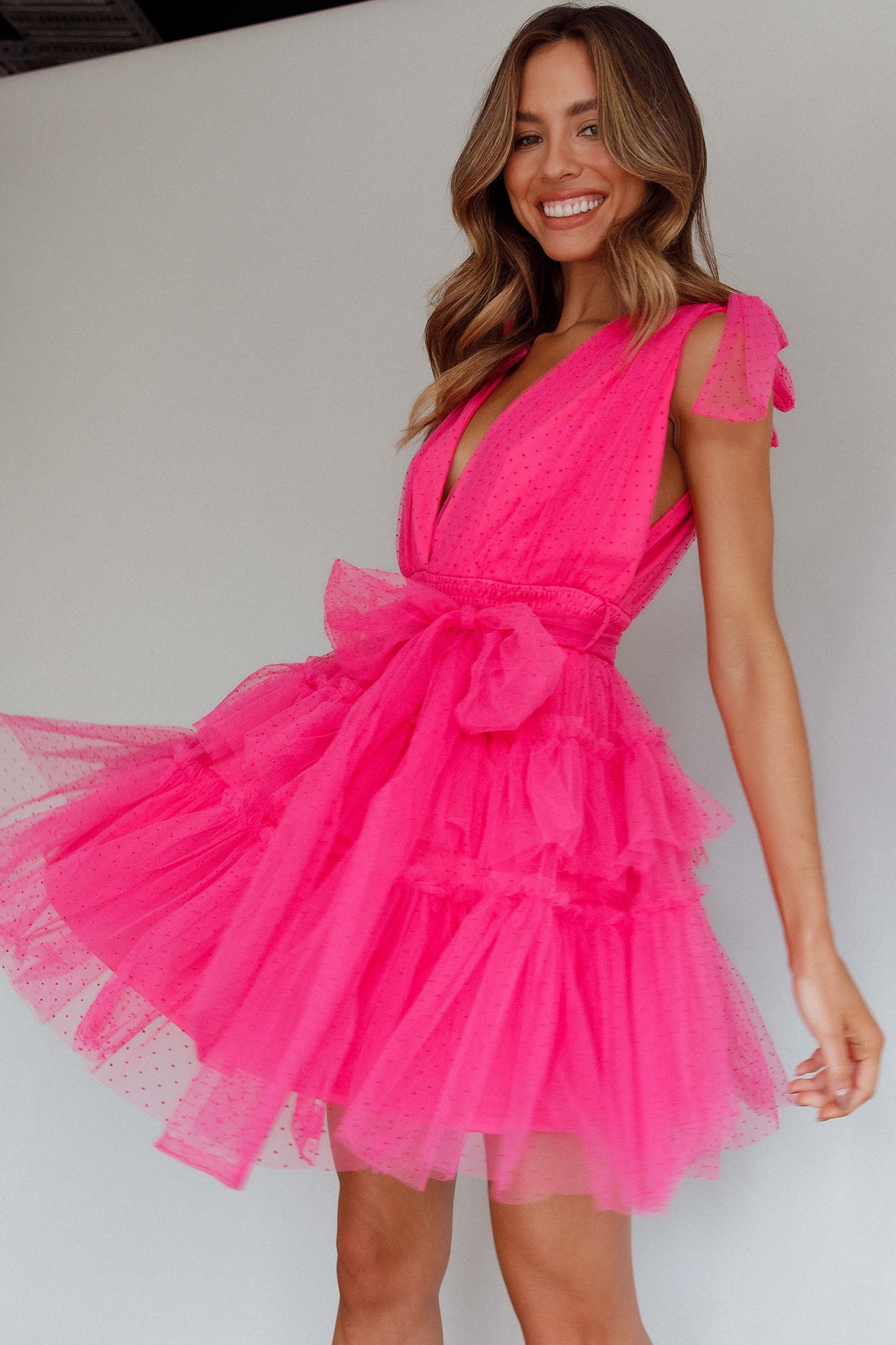 Lyra Spotted Tulle Mini Dress Hot Pink-Maymioy