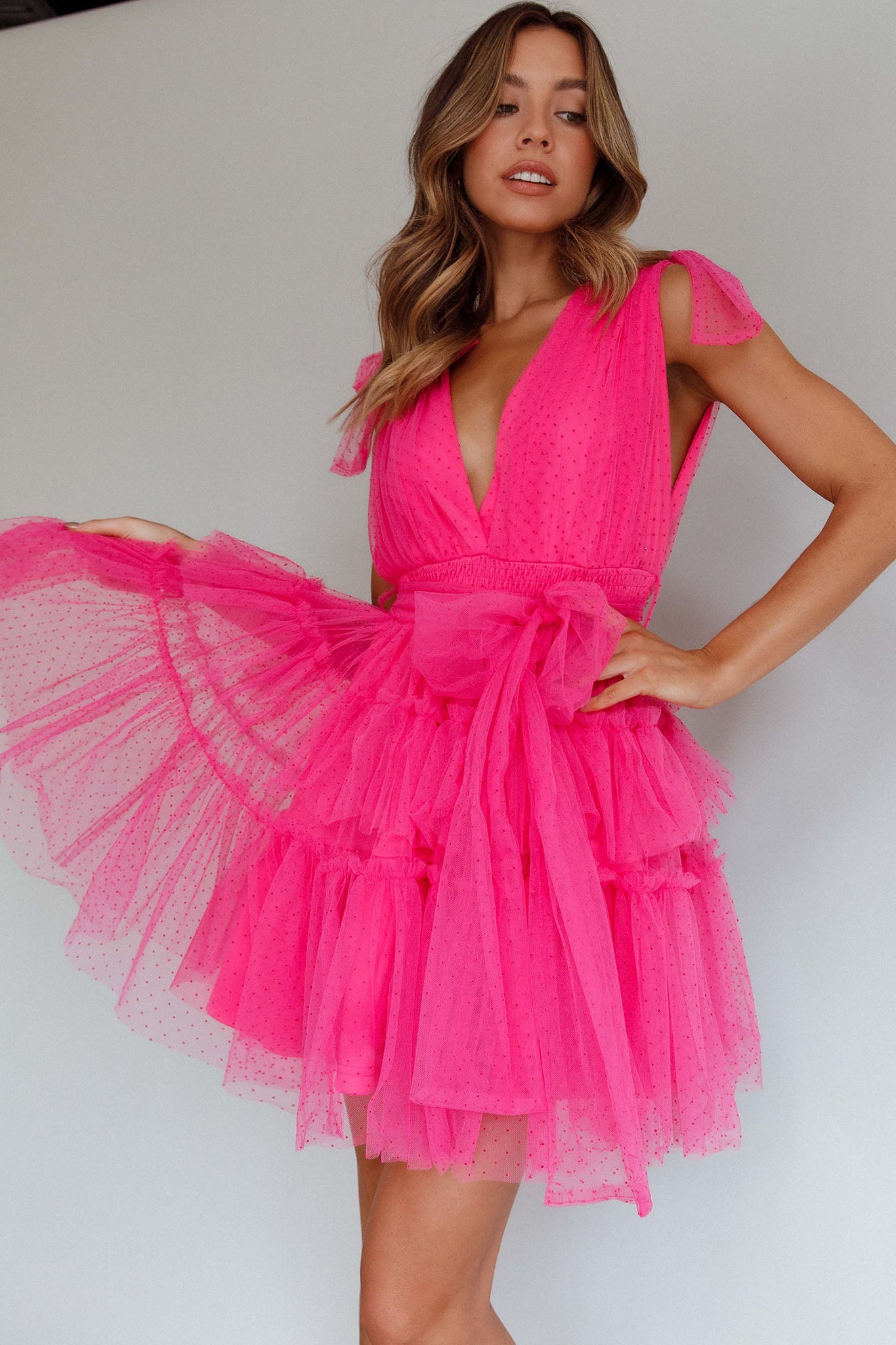 Lyra Spotted Tulle Mini Dress Hot Pink-Maymioy