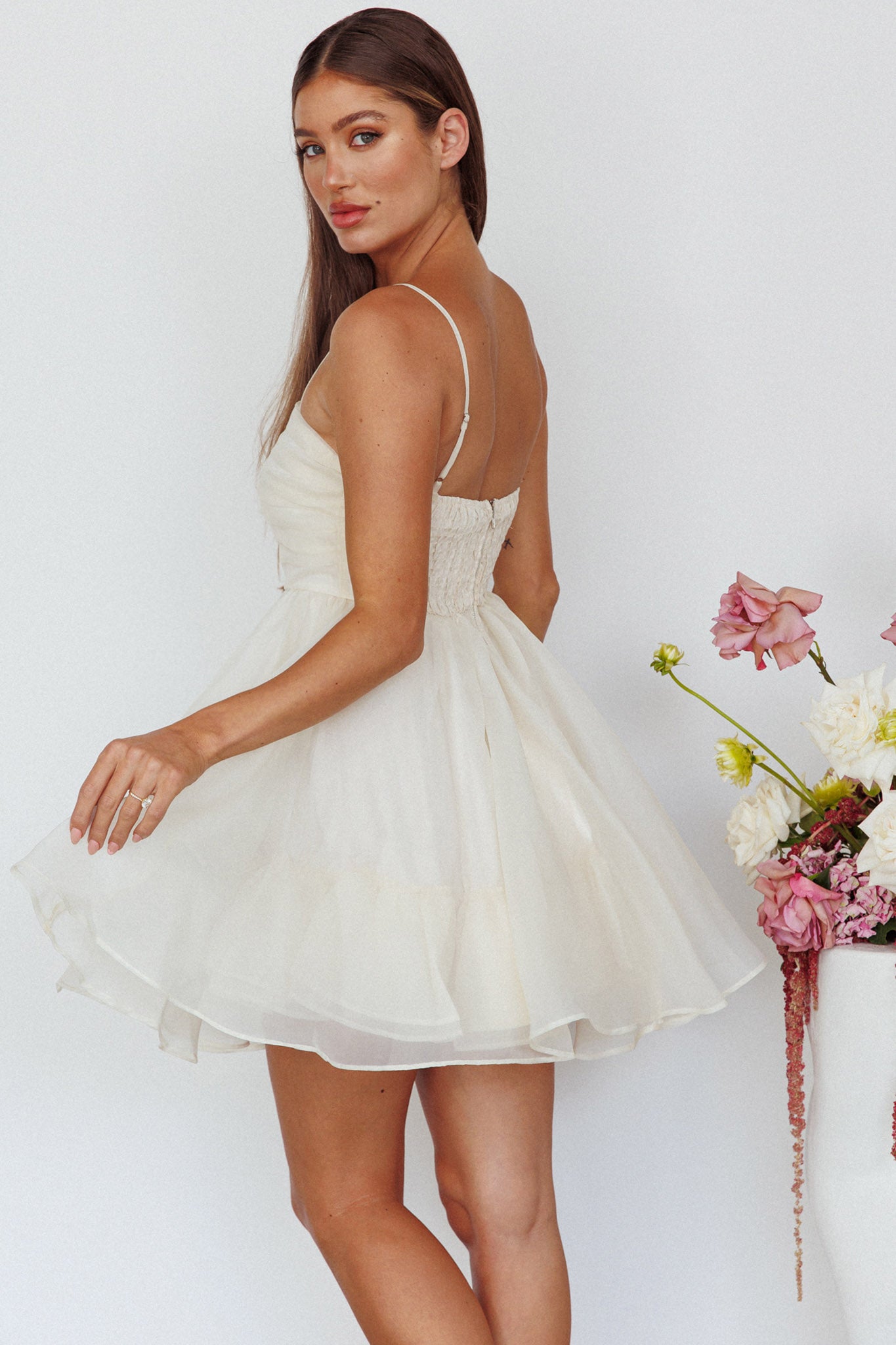 Elyse Pleated Bodice Party Dress Cream-Maymioy