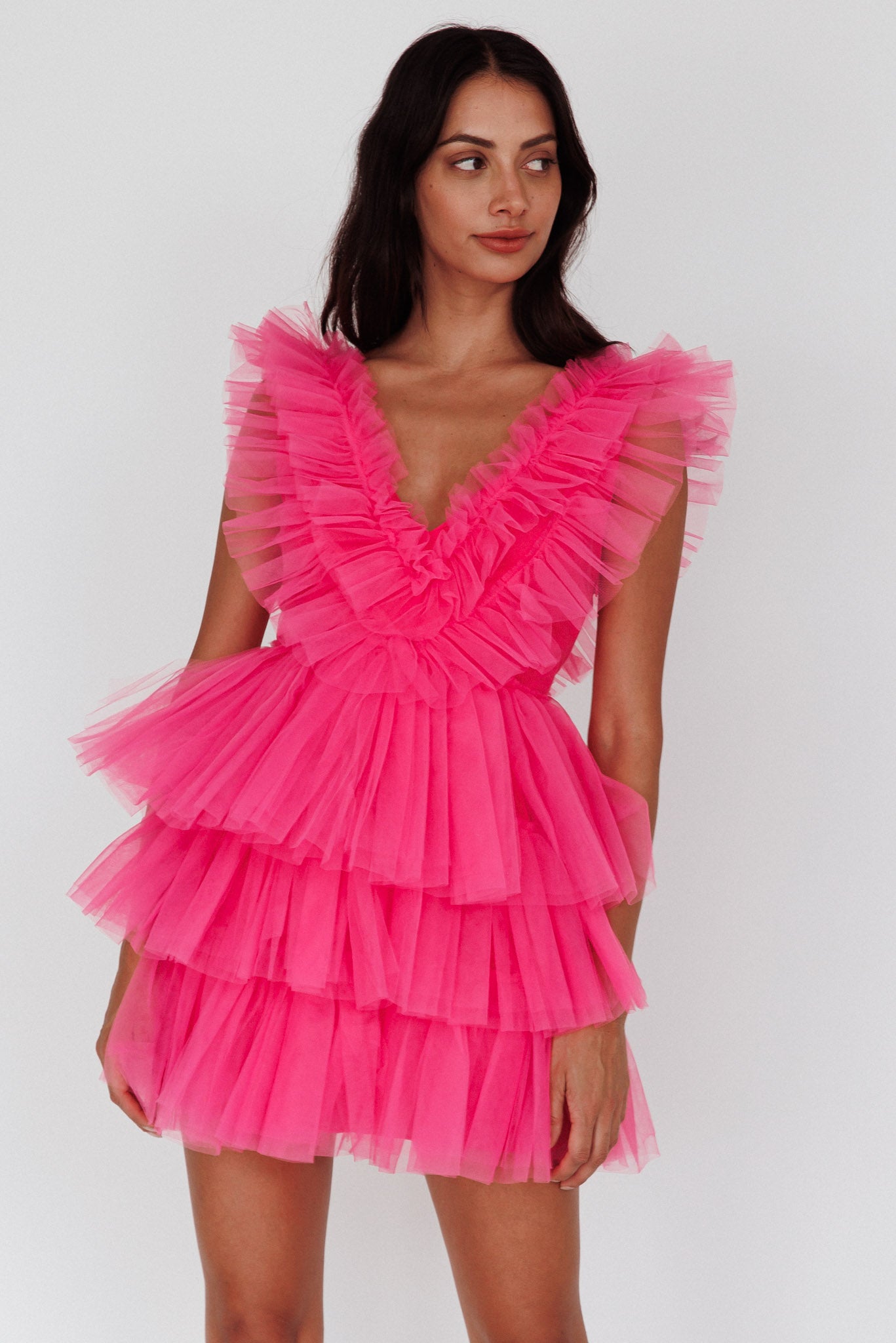 Froufrou Layered Tulle Mini Dress Hot Pink-Maymioy