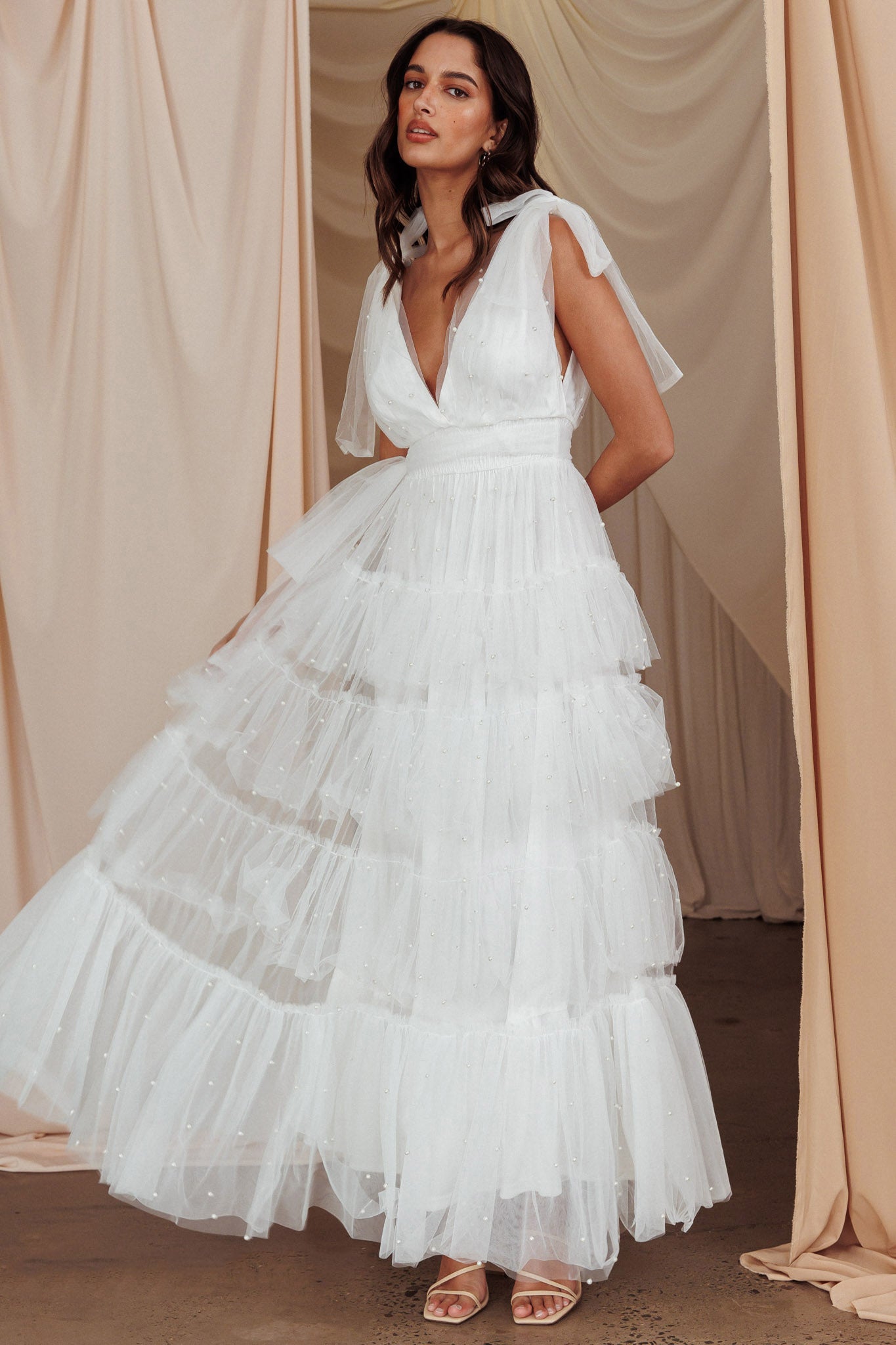 My Fair Lady Bow Shoulder Pearl Maxi Dress White-Maymioy