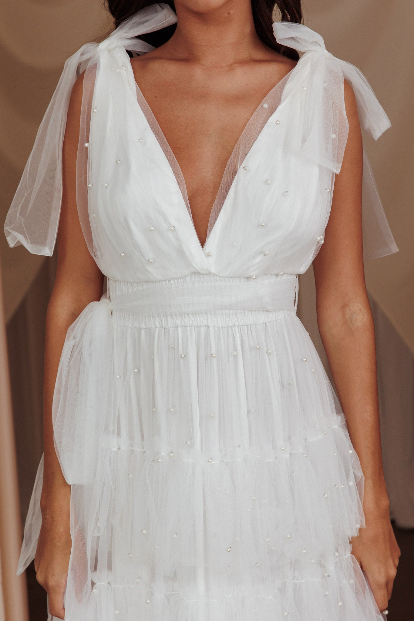 My Fair Lady Bow Shoulder Pearl Maxi Dress White-Maymioy