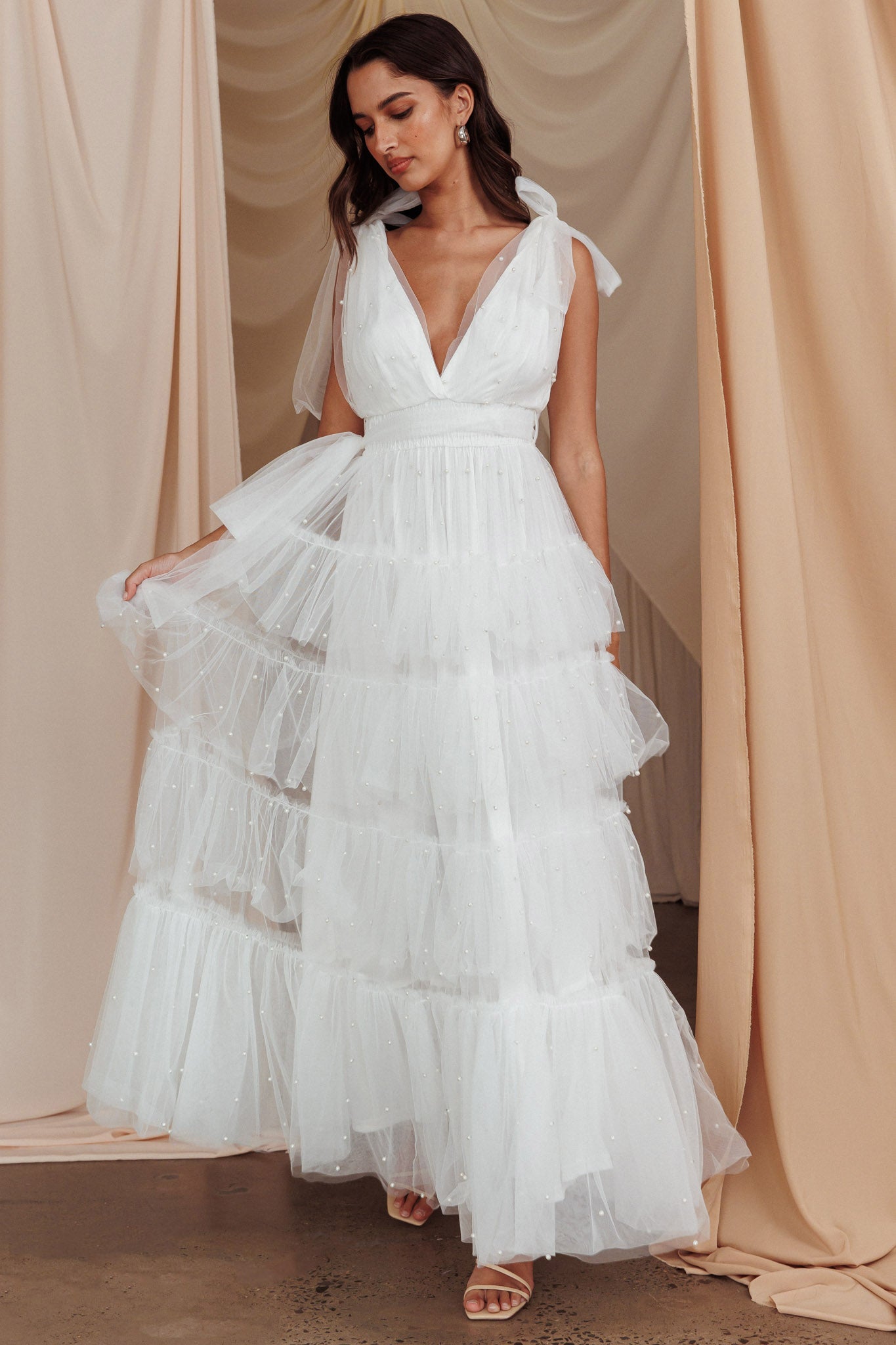 My Fair Lady Bow Shoulder Pearl Maxi Dress White-Maymioy