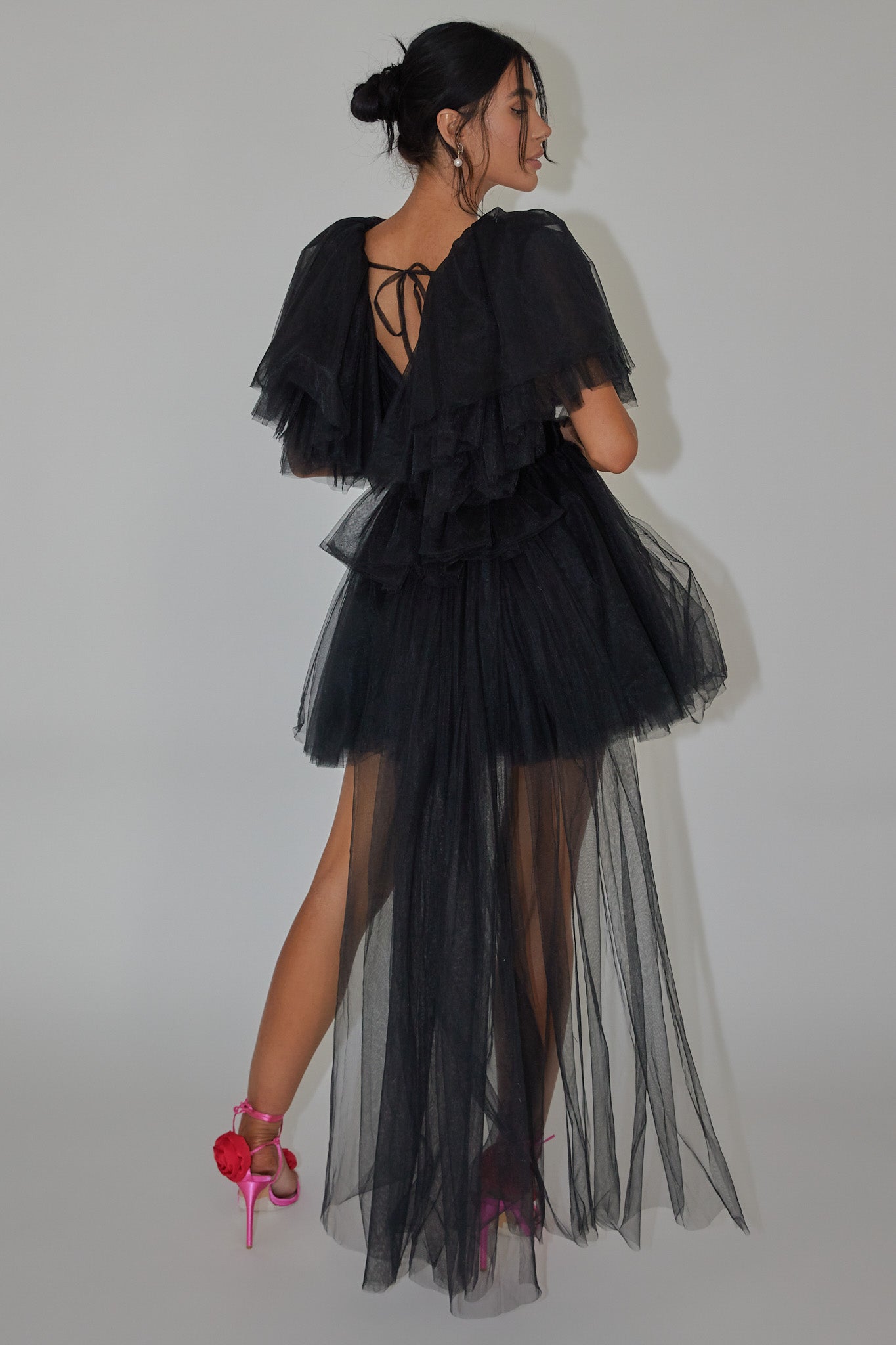 Star Power Tulle Train Mini Dress Black-Maymioy