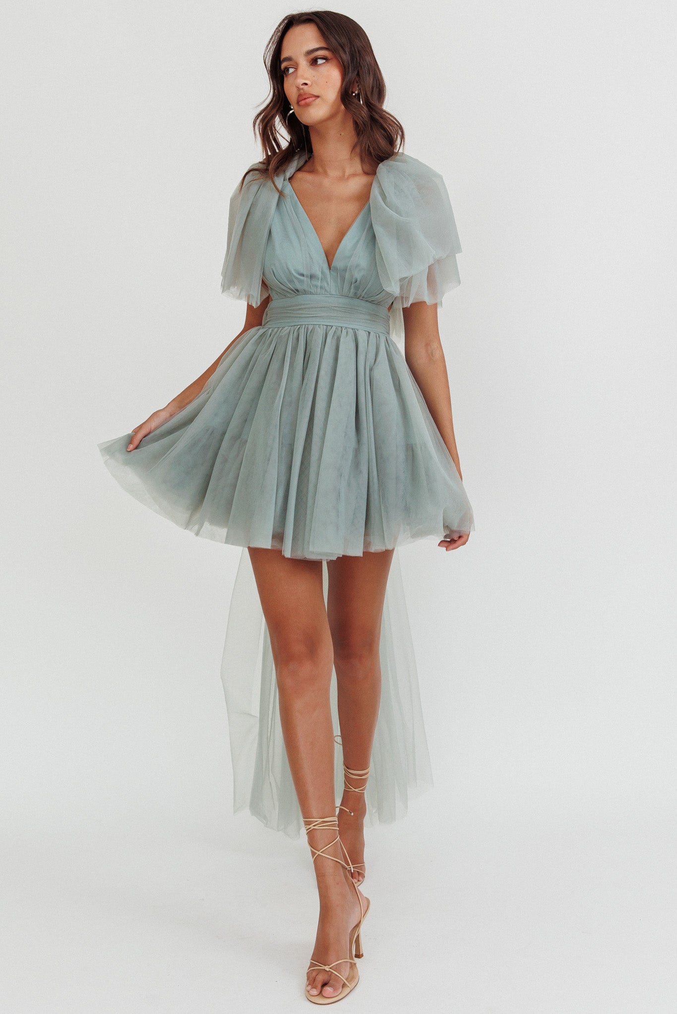 Star Power Tulle Train Mini Dress Pistachio-Maymioy