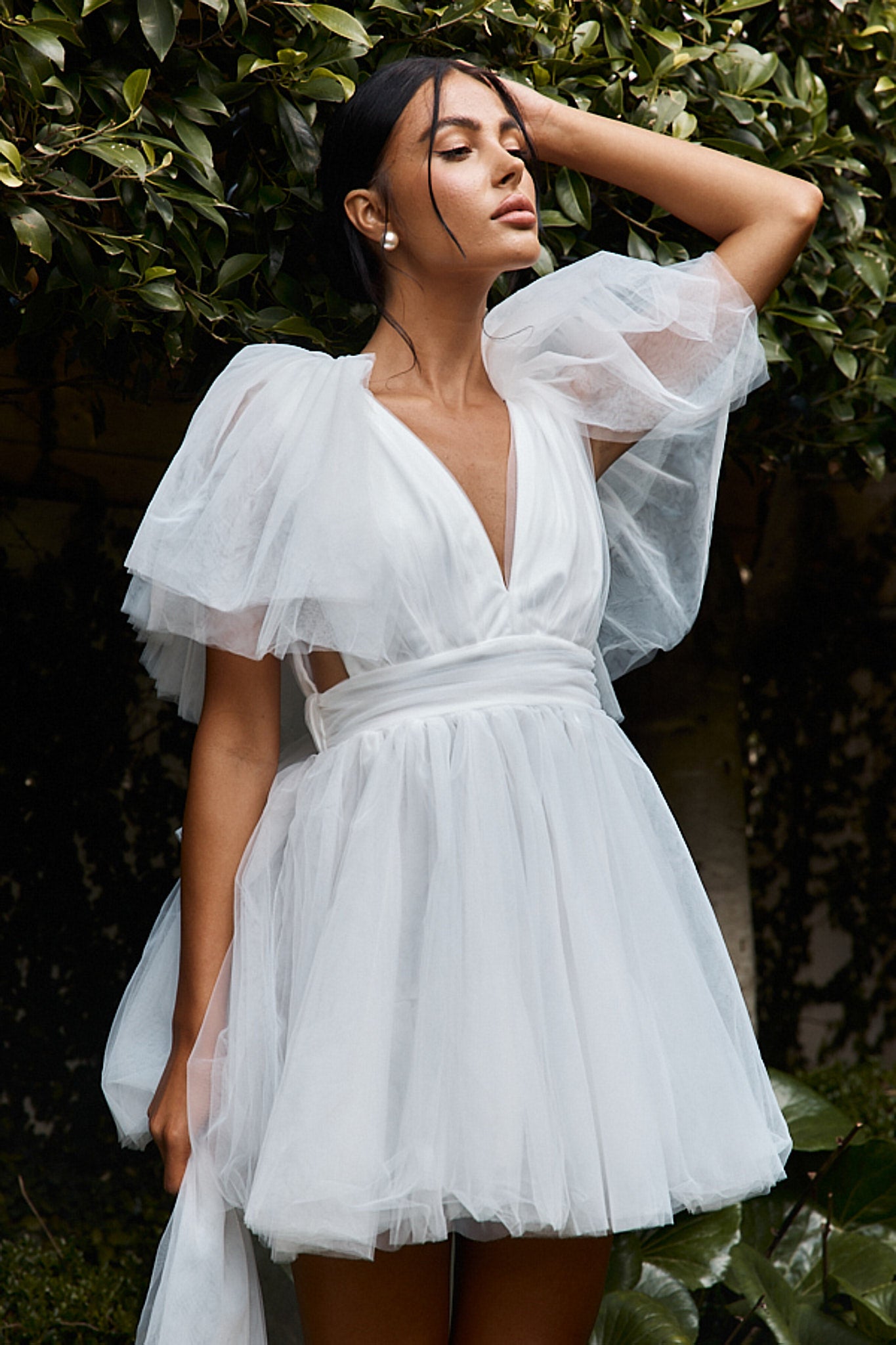 Star Power Tulle Train Mini Dress White-Maymioy