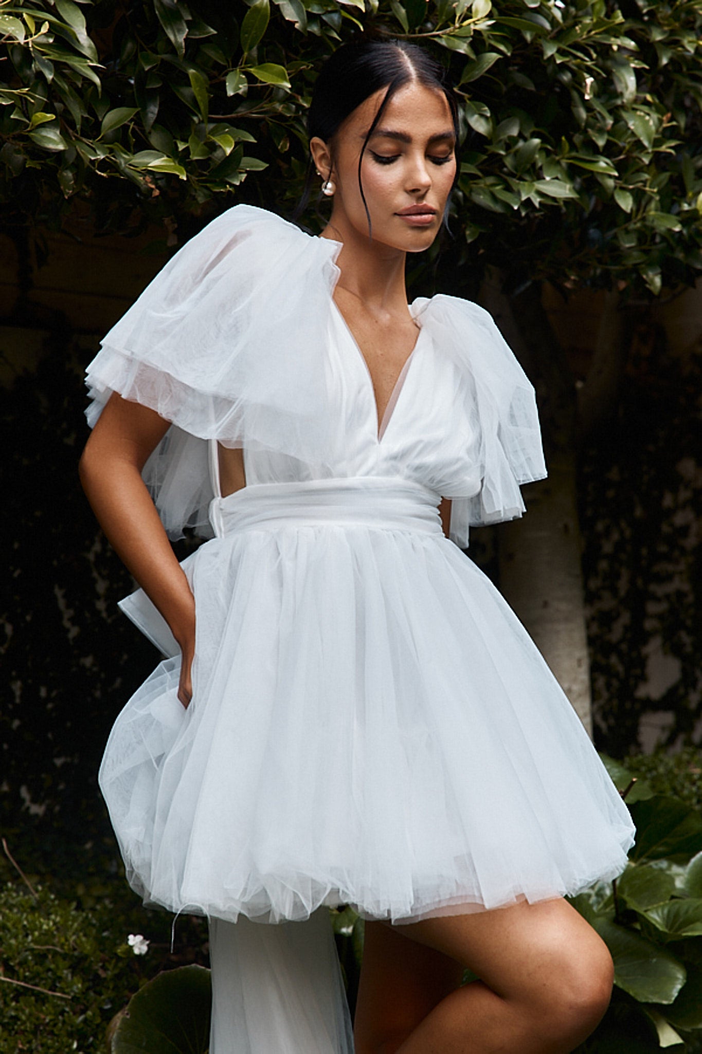 Star Power Tulle Train Mini Dress White-Maymioy