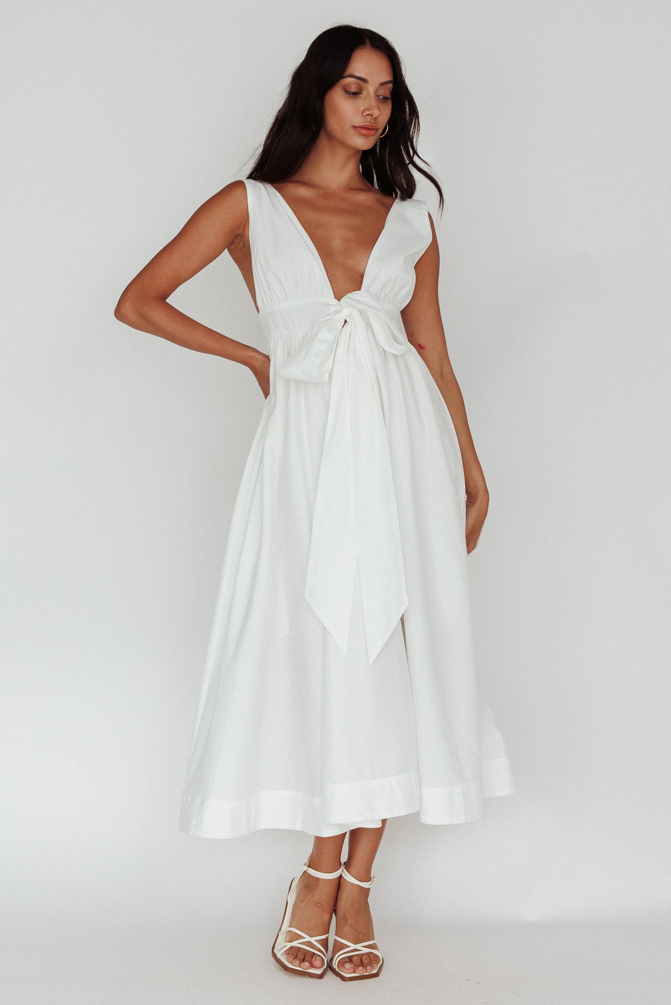 Indira Tied Bust Midi Dress Off White-Maymioy