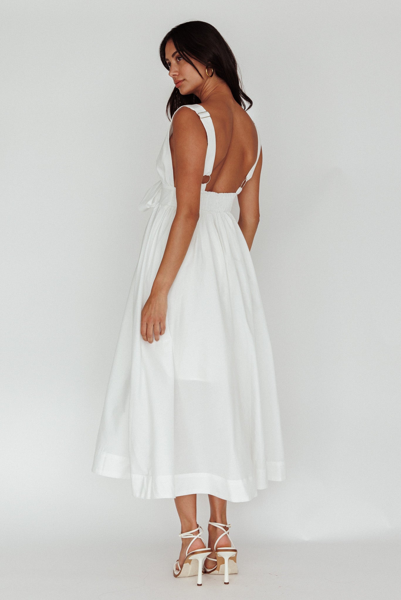 Indira Tied Bust Midi Dress Off White-Maymioy