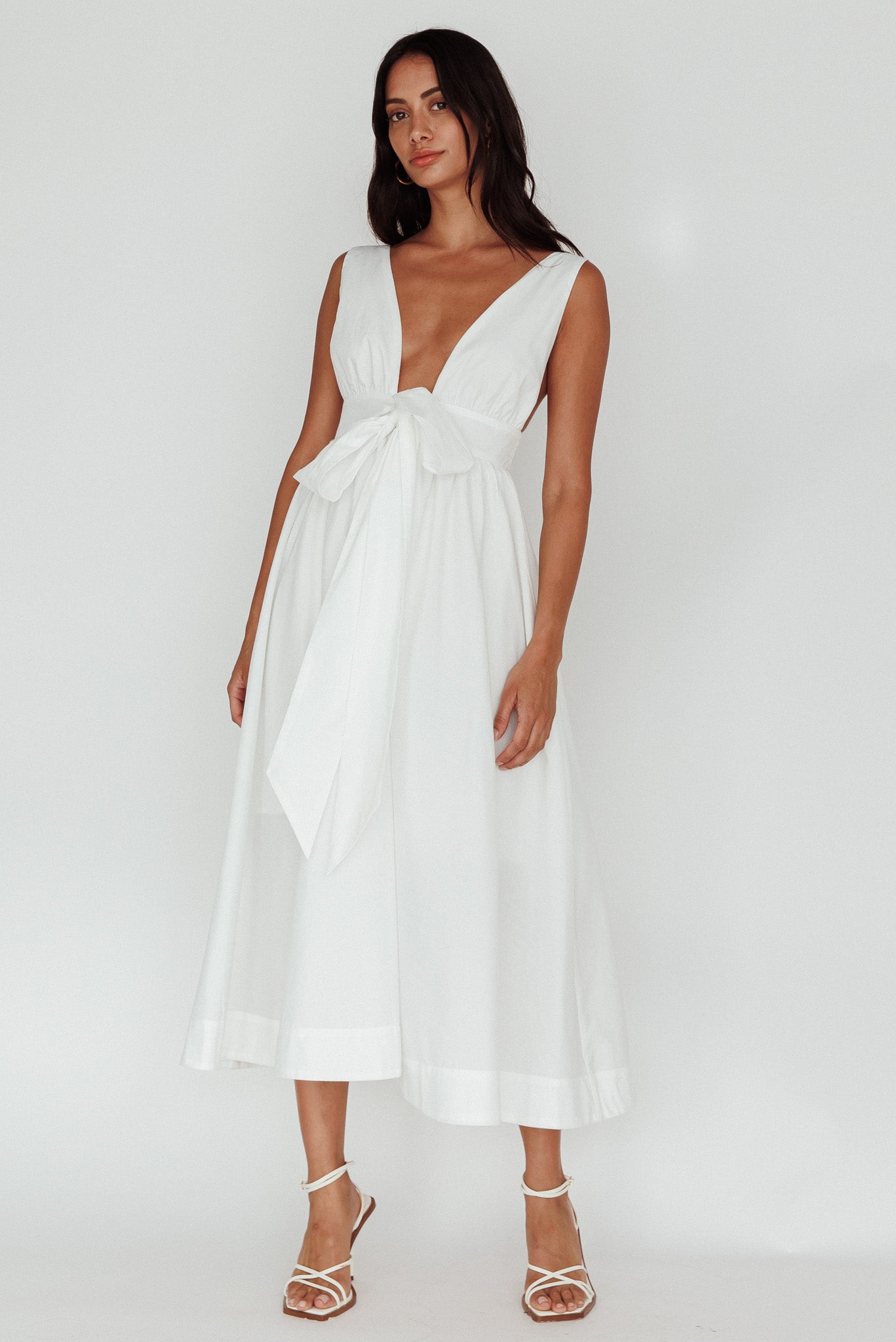 Indira Tied Bust Midi Dress Off White-Maymioy