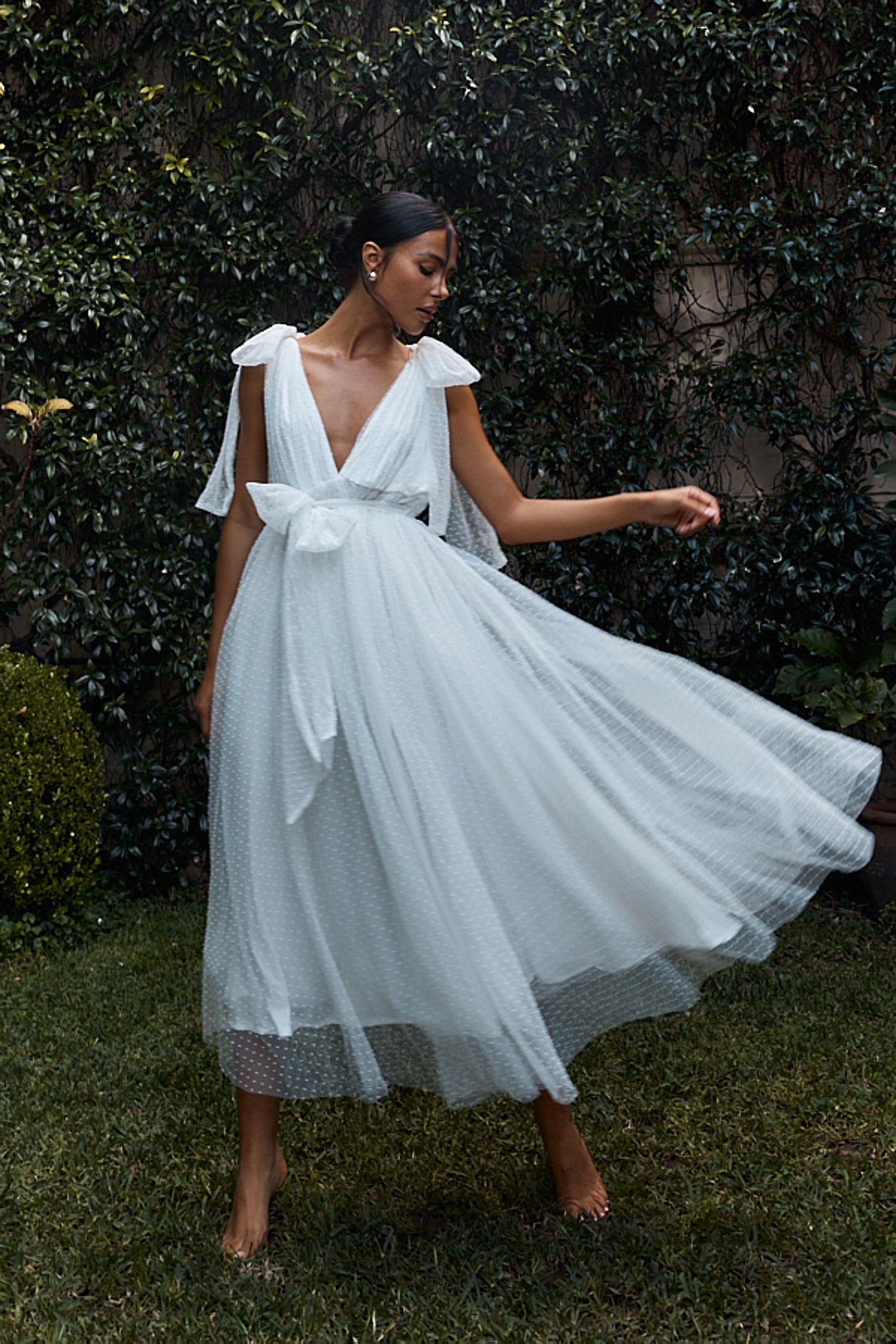 First Waltz Bow Shoulder Hail Spot Midi Dress Off White-Maymioy