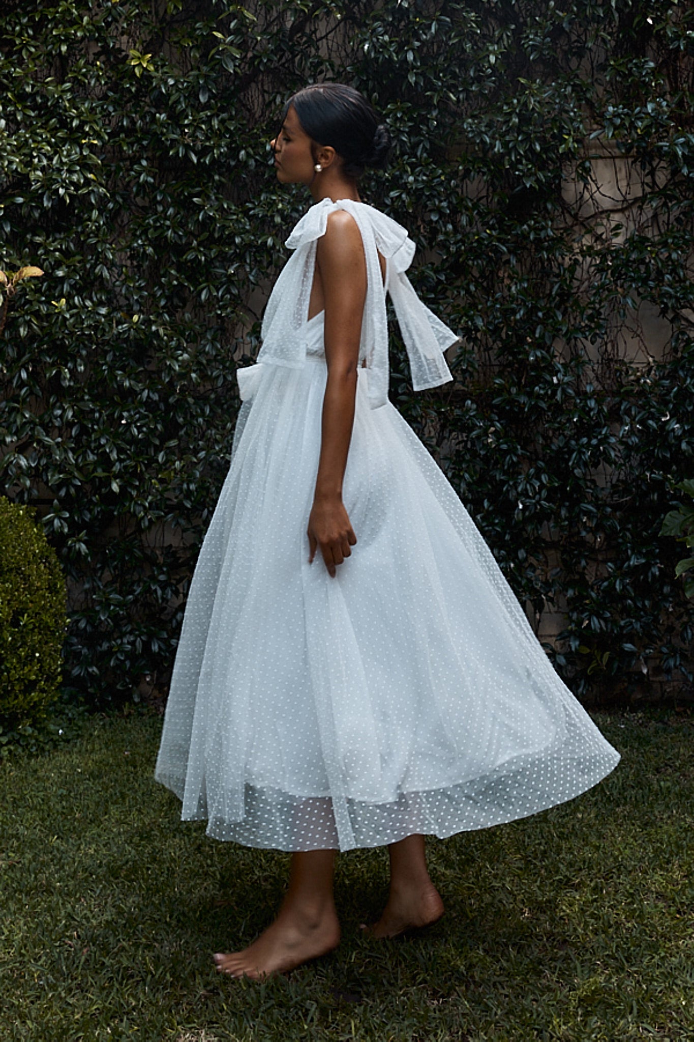 First Waltz Bow Shoulder Hail Spot Midi Dress Off White-Maymioy