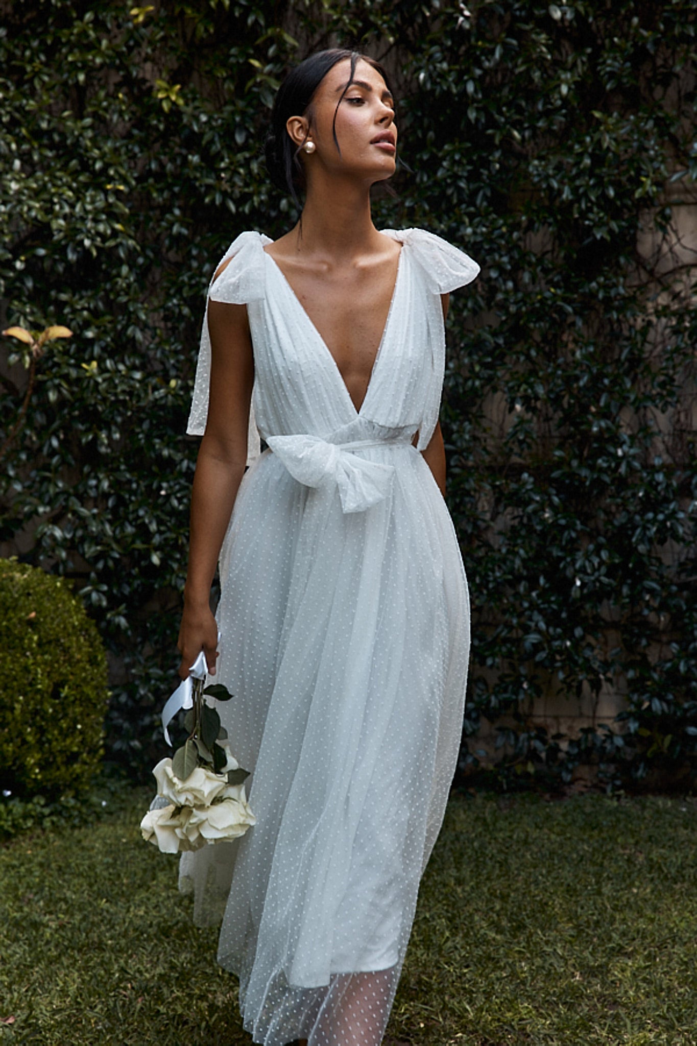 First Waltz Bow Shoulder Hail Spot Midi Dress Off White-Maymioy