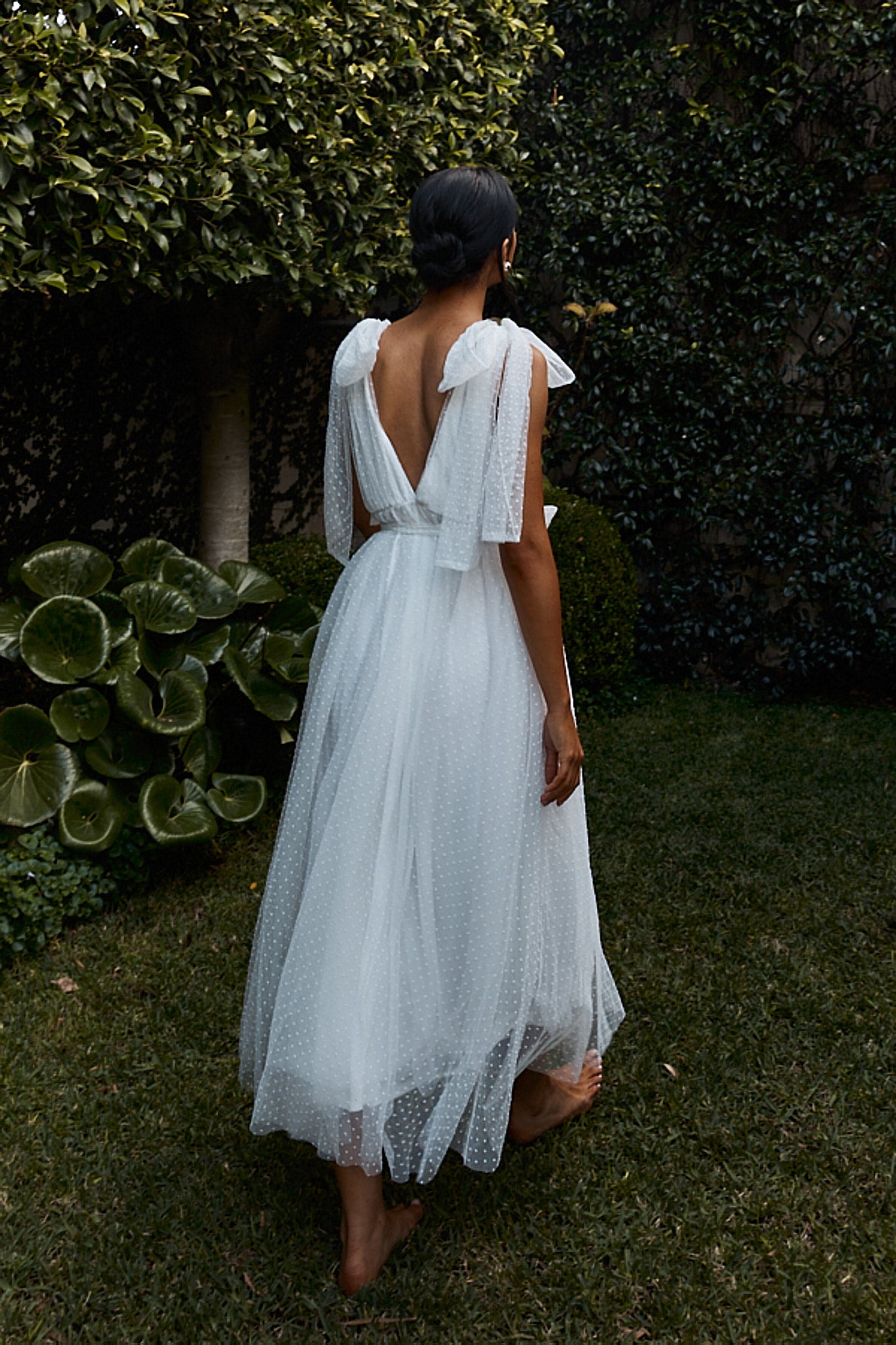 First Waltz Bow Shoulder Hail Spot Midi Dress Off White-Maymioy