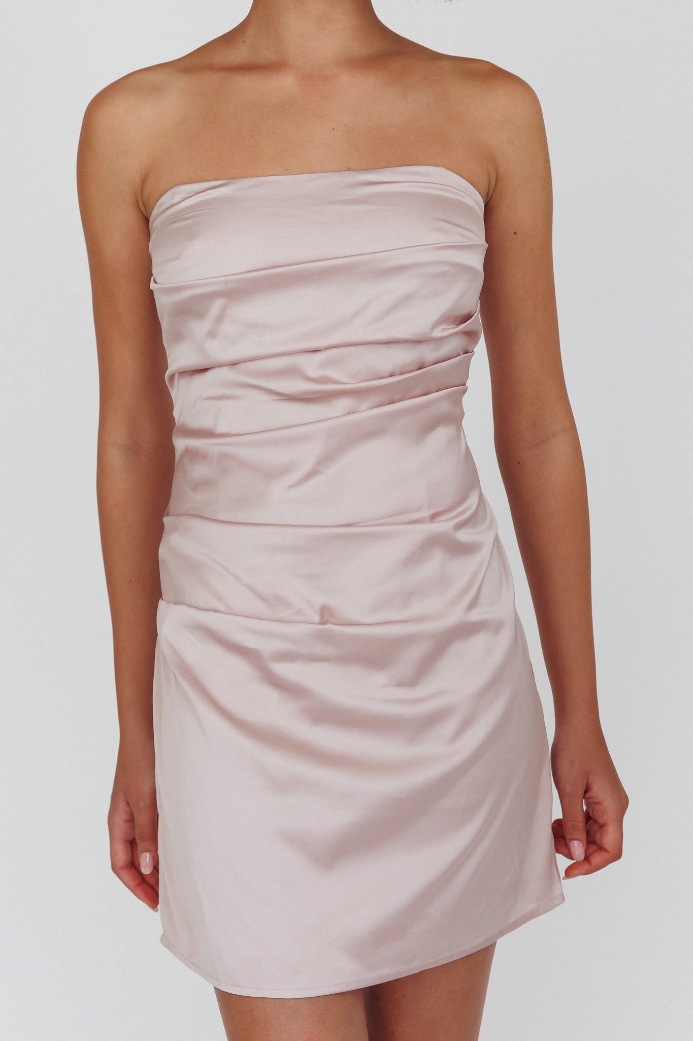 Love Waits Strapless Side Pleat Mini Dress Dirty Blush-Maymioy
