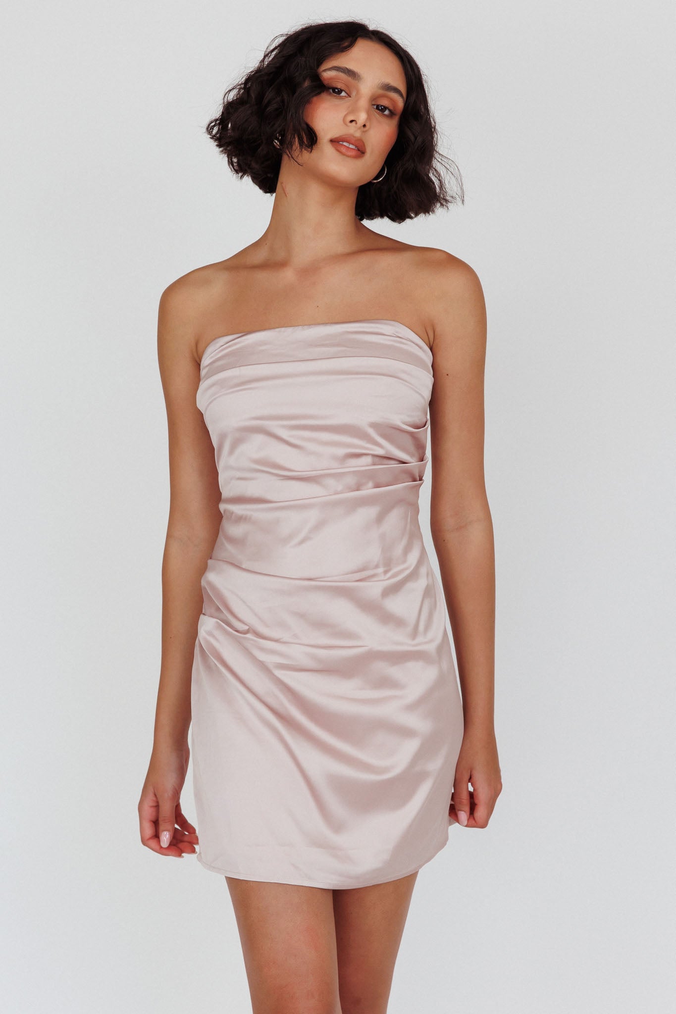 Love Waits Strapless Side Pleat Mini Dress Dirty Blush-Maymioy