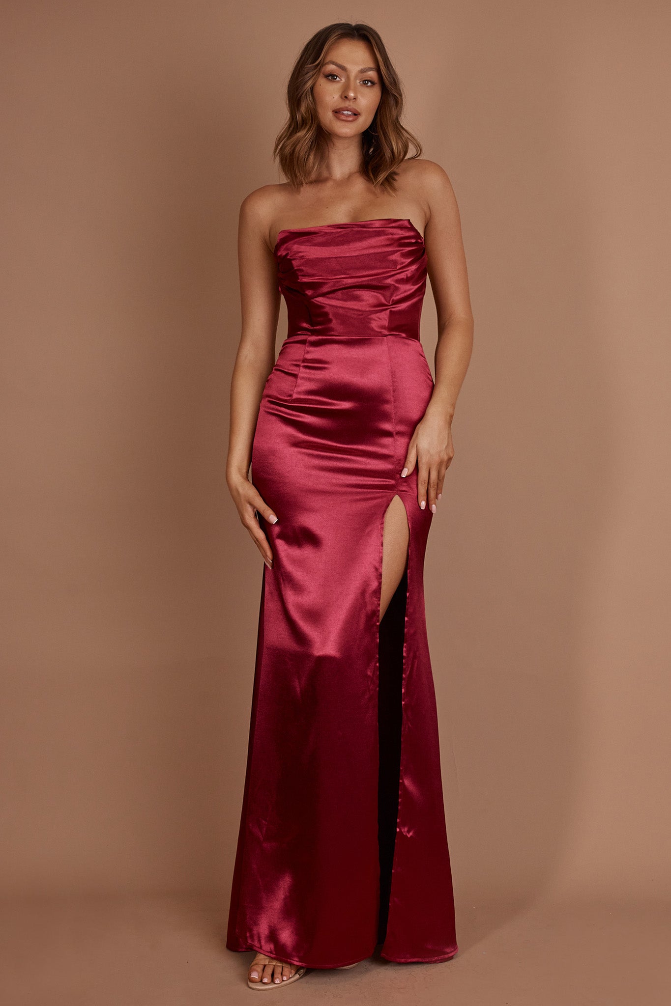 Kalisa Strapless Thigh Split Maxi Dress Burgundy-Maymioy
