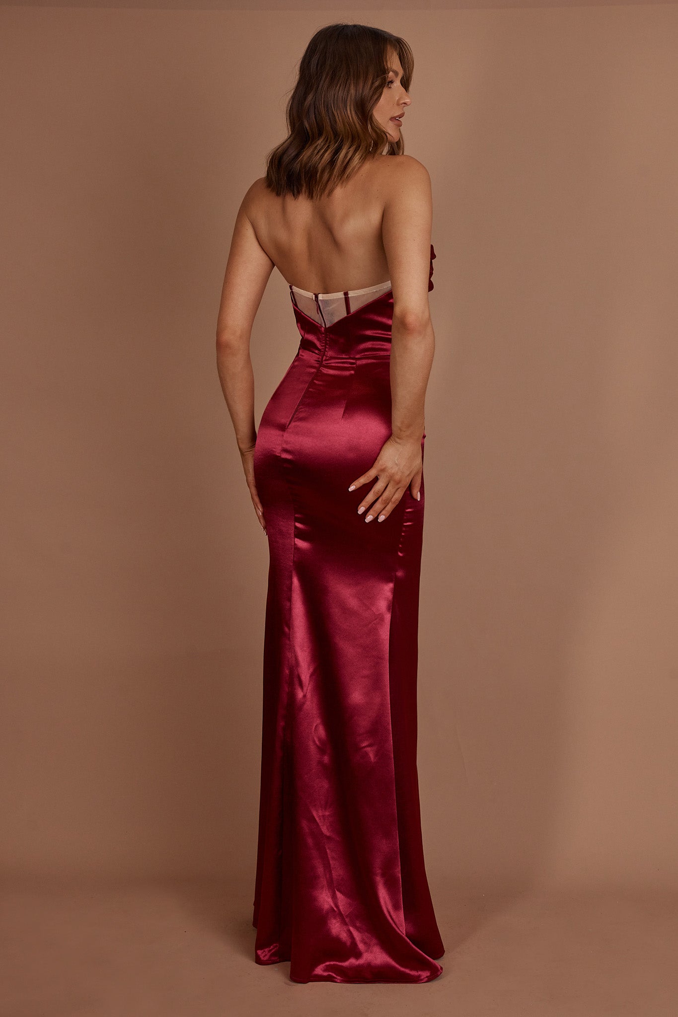Kalisa Strapless Thigh Split Maxi Dress Burgundy-Maymioy