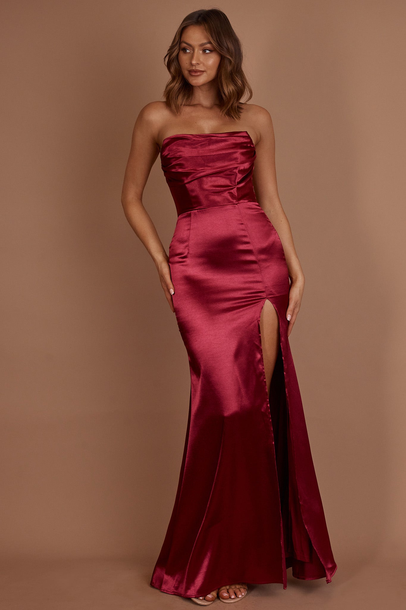 Kalisa Strapless Thigh Split Maxi Dress Burgundy-Maymioy